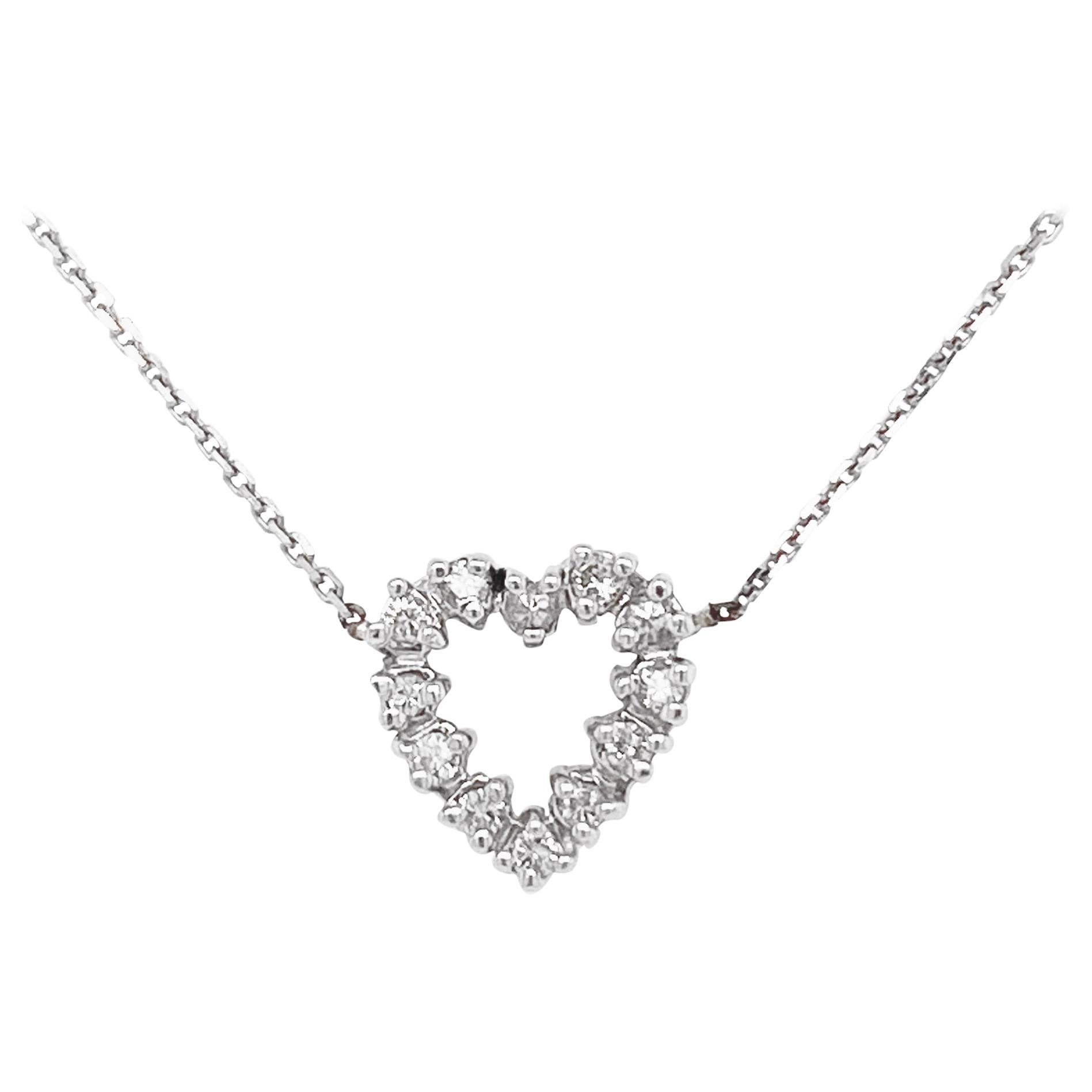 Diamond Heart Necklace, White Gold Pavé Diamond Open Heart, Romantic Heart