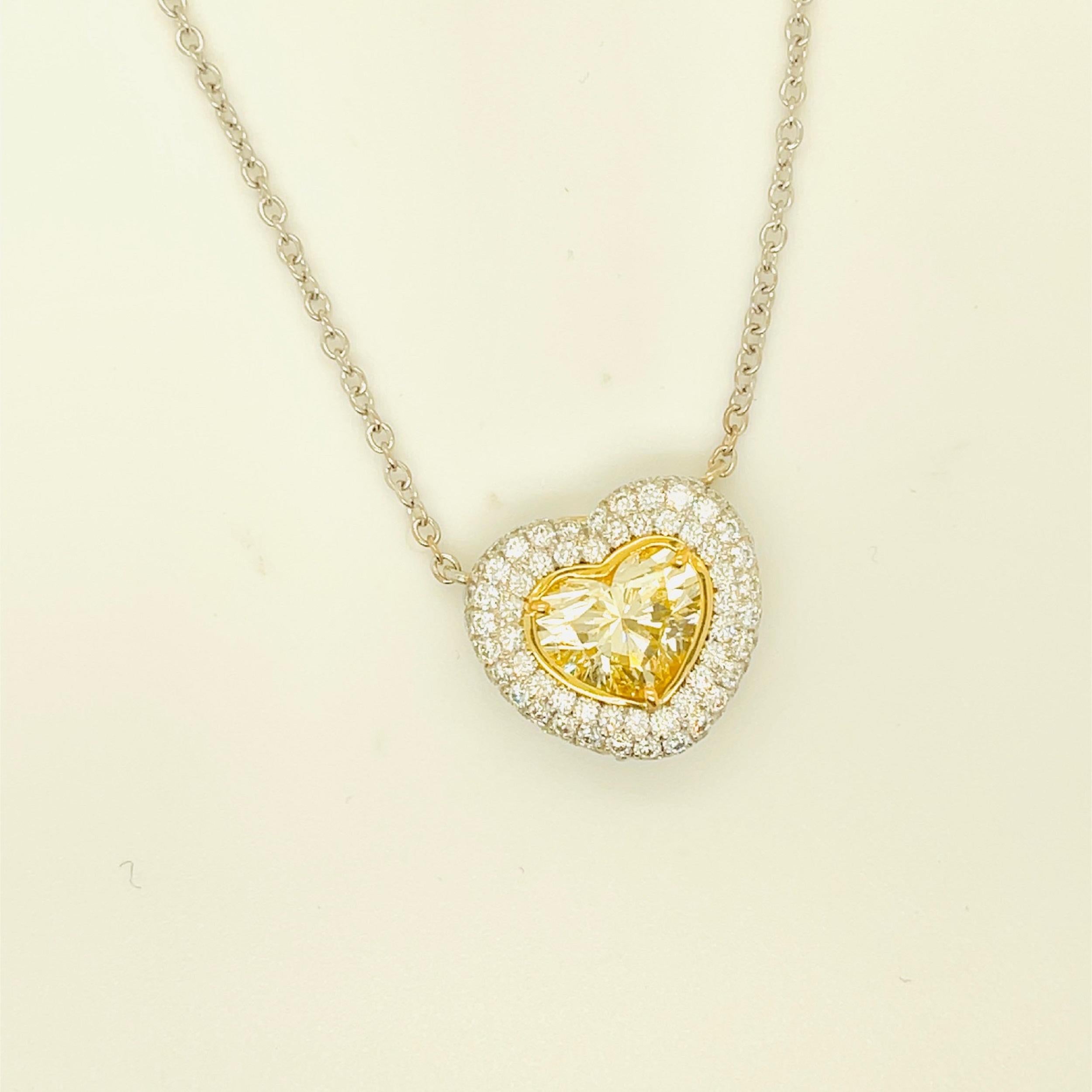Contemporary Diamond Heart Necklace.Yellow Diamond Heart Shape 3.75 Carats Platinum/18KYG GIA
