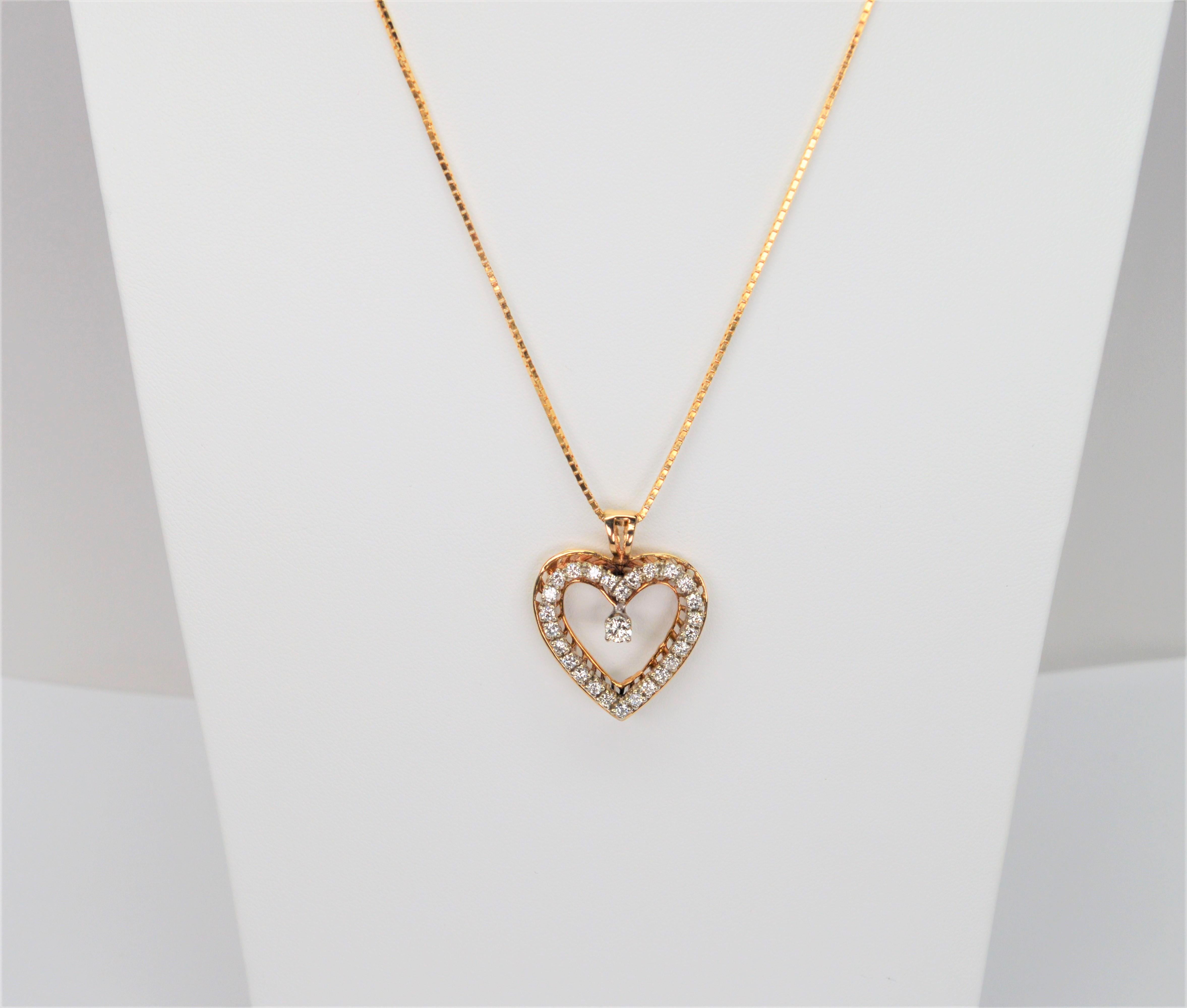 Round Cut Diamond Heart Pendant 14 Karat Yellow Gold Necklace