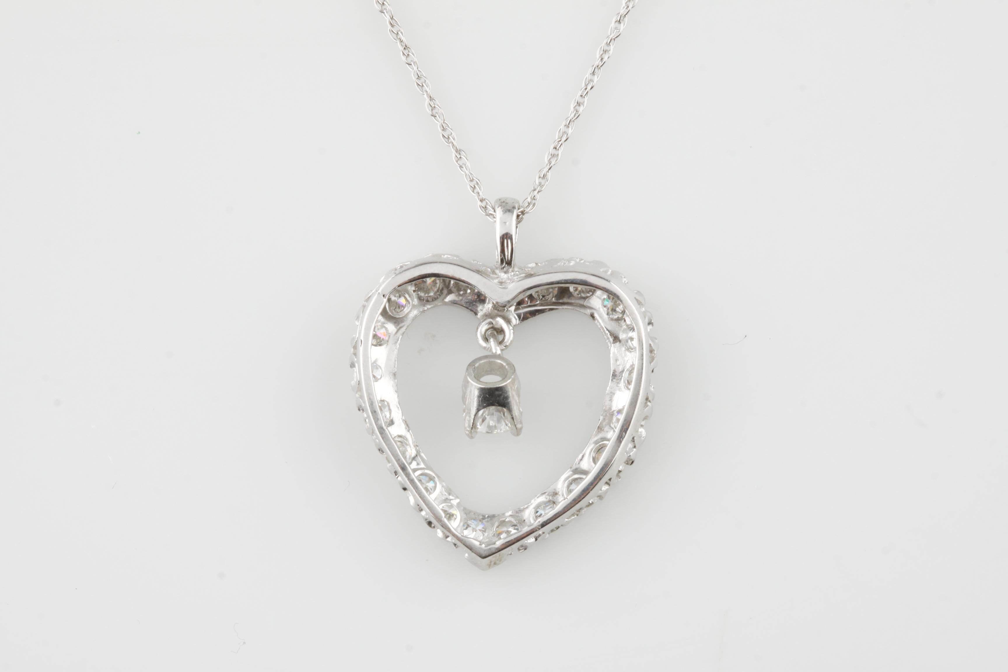 Round Cut Diamond Heart Pendant Center Drop Diamond 1.55 Carat 14 Karat Gold Necklace For Sale