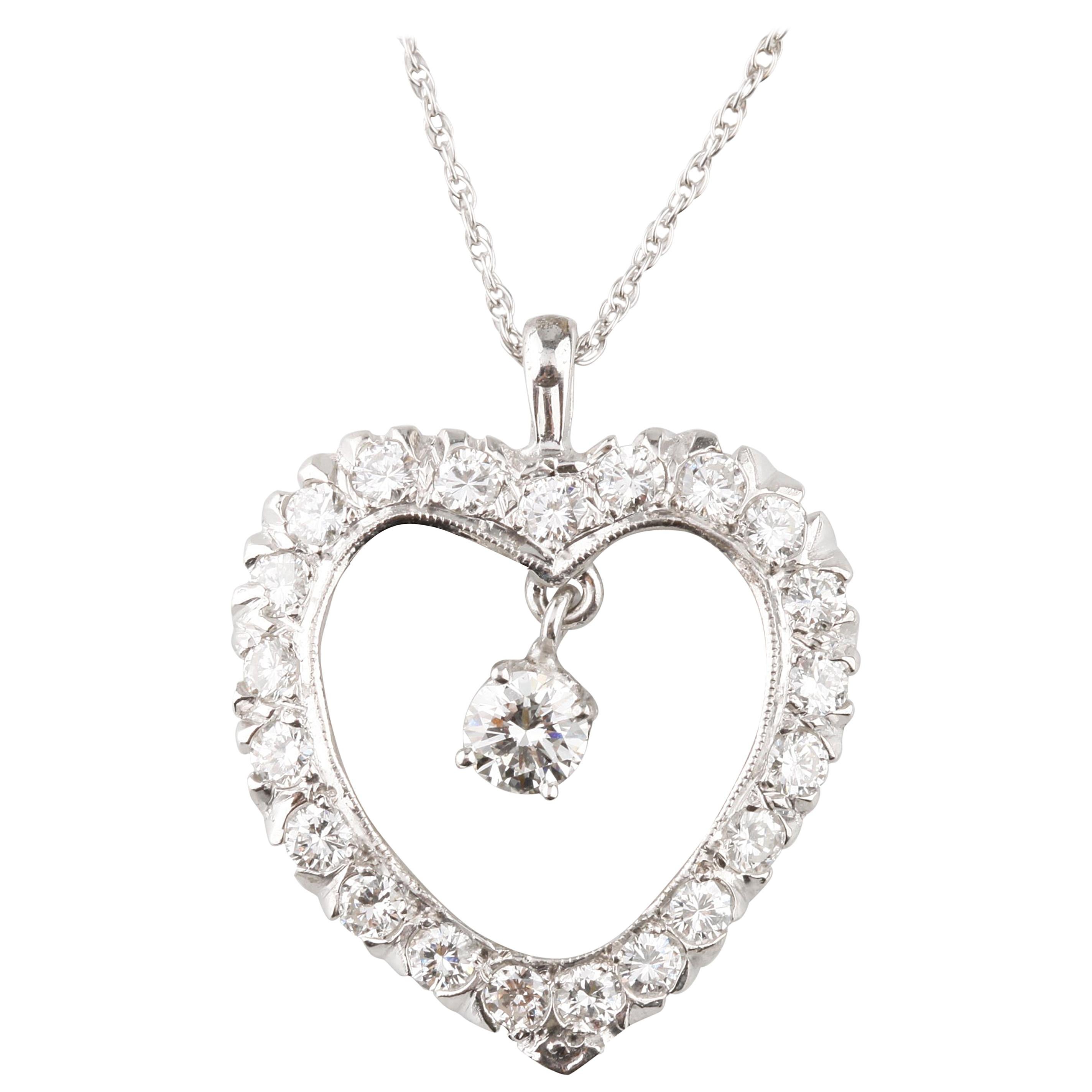 Diamond Heart Pendant Center Drop Diamond 1.55 Carat 14 Karat Gold Necklace
