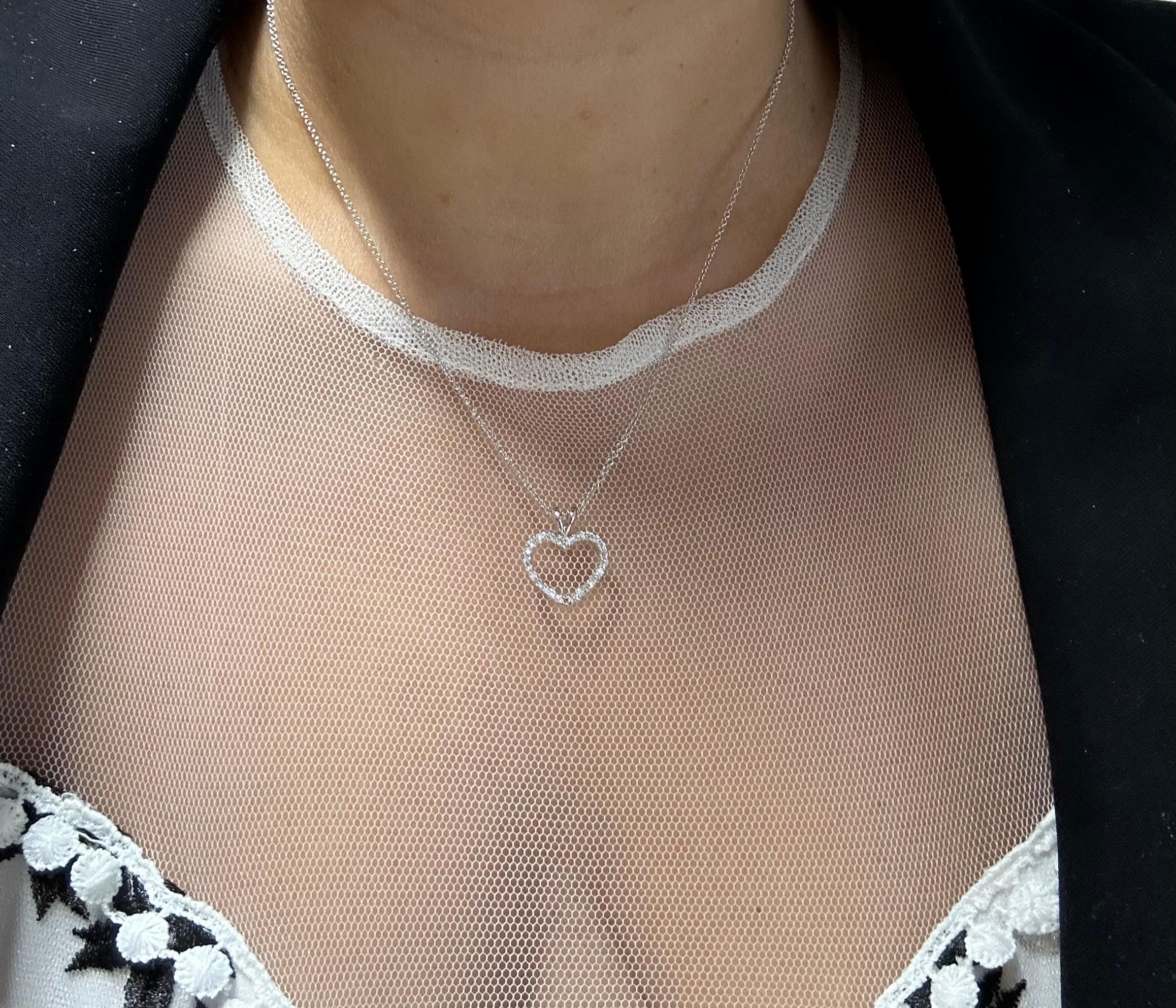 Diamond Heart Pendant Necklace 14 Karat White Gold Modern Heart Necklace For Sale 3