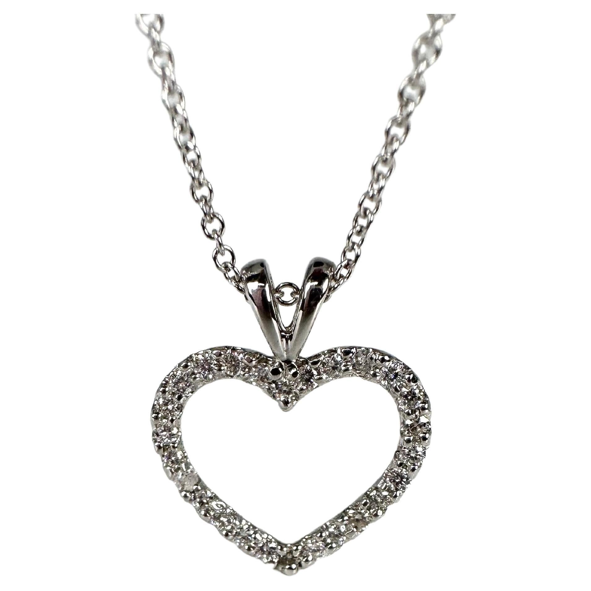 Diamond Heart Pendant Necklace 14 Karat White Gold Modern Heart Necklace For Sale