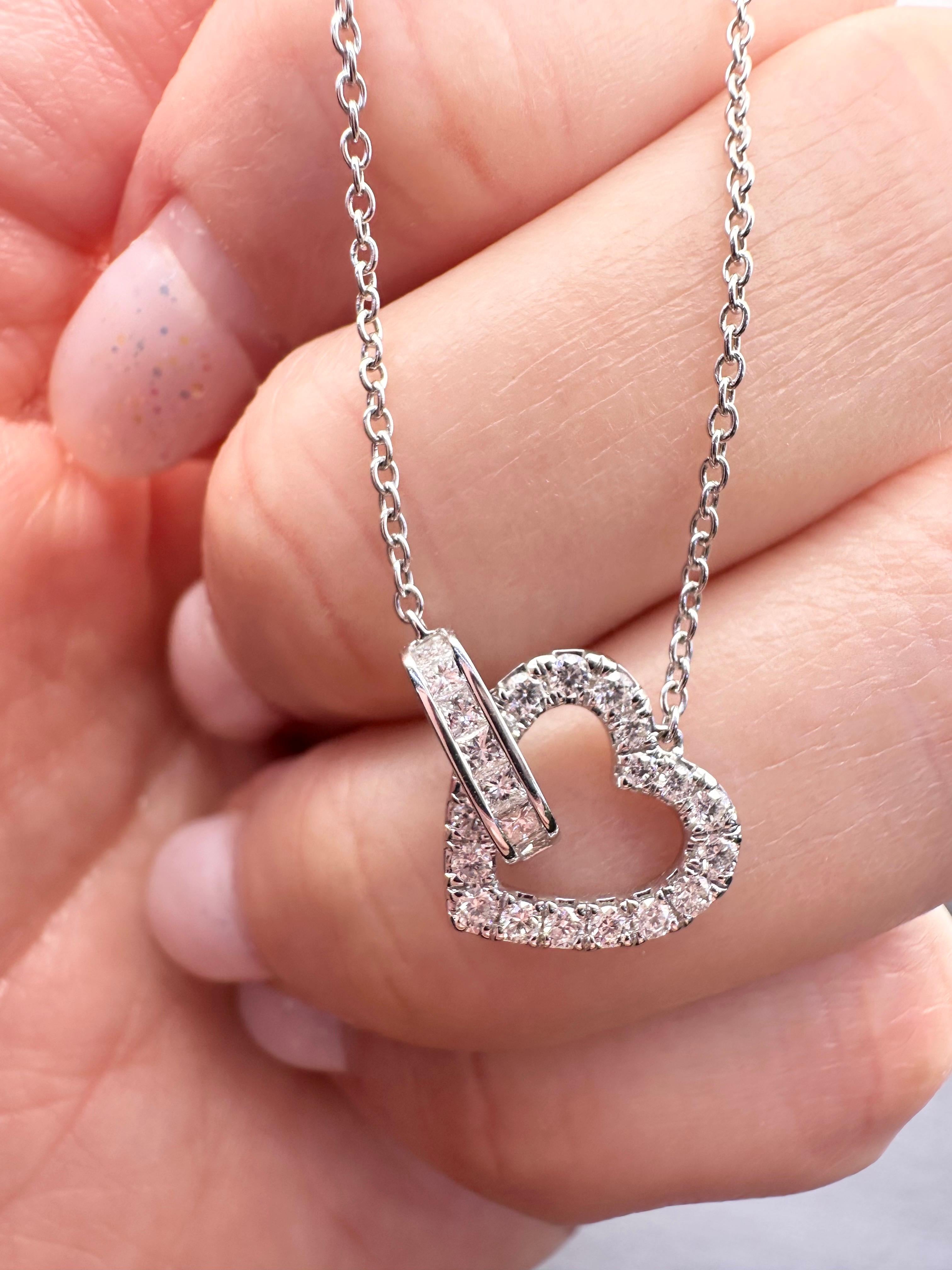 Women's or Men's Diamond heart pendant necklace 18KT white gold modern diamond necklace 17