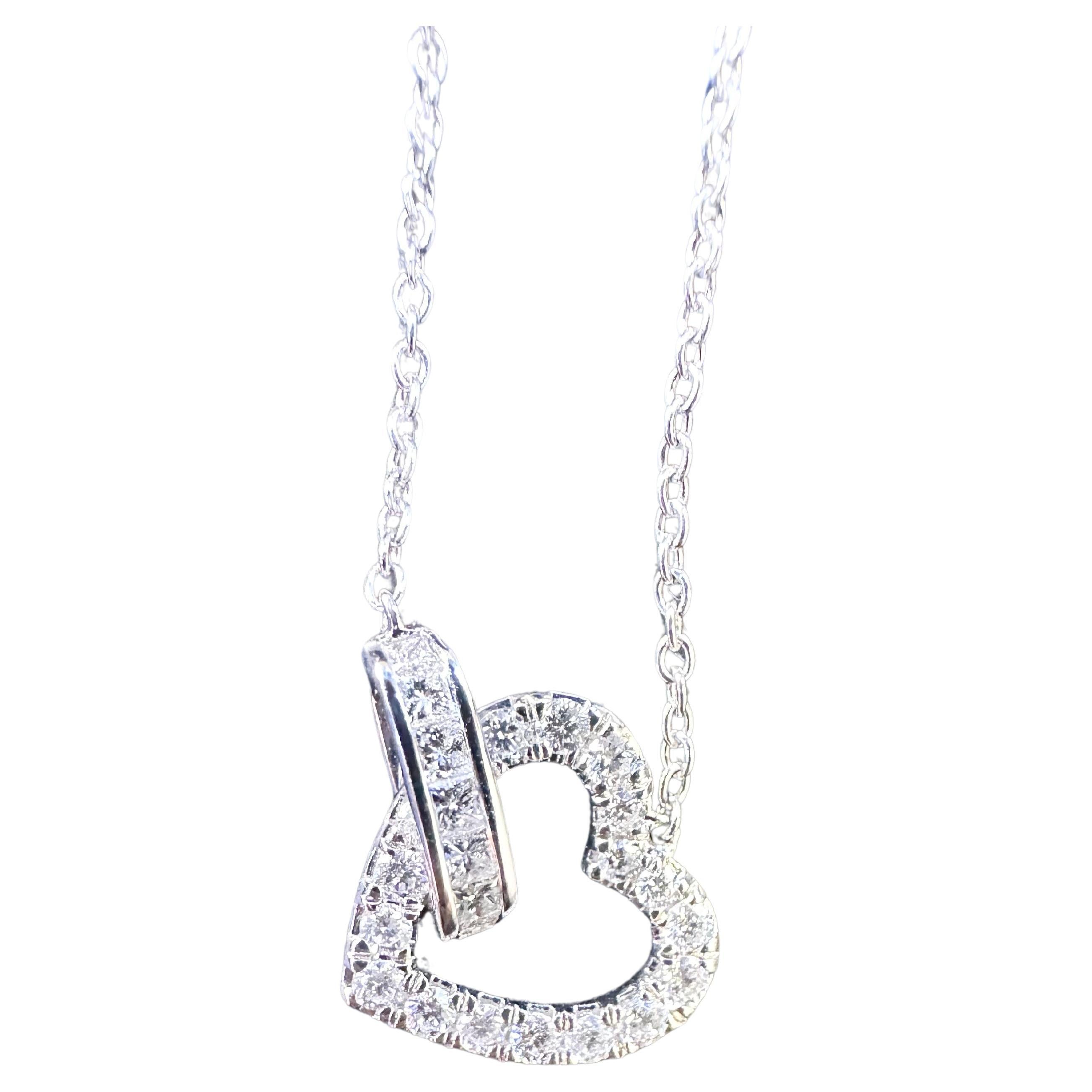 Diamond heart pendant necklace 18KT white gold modern diamond necklace 17" For Sale