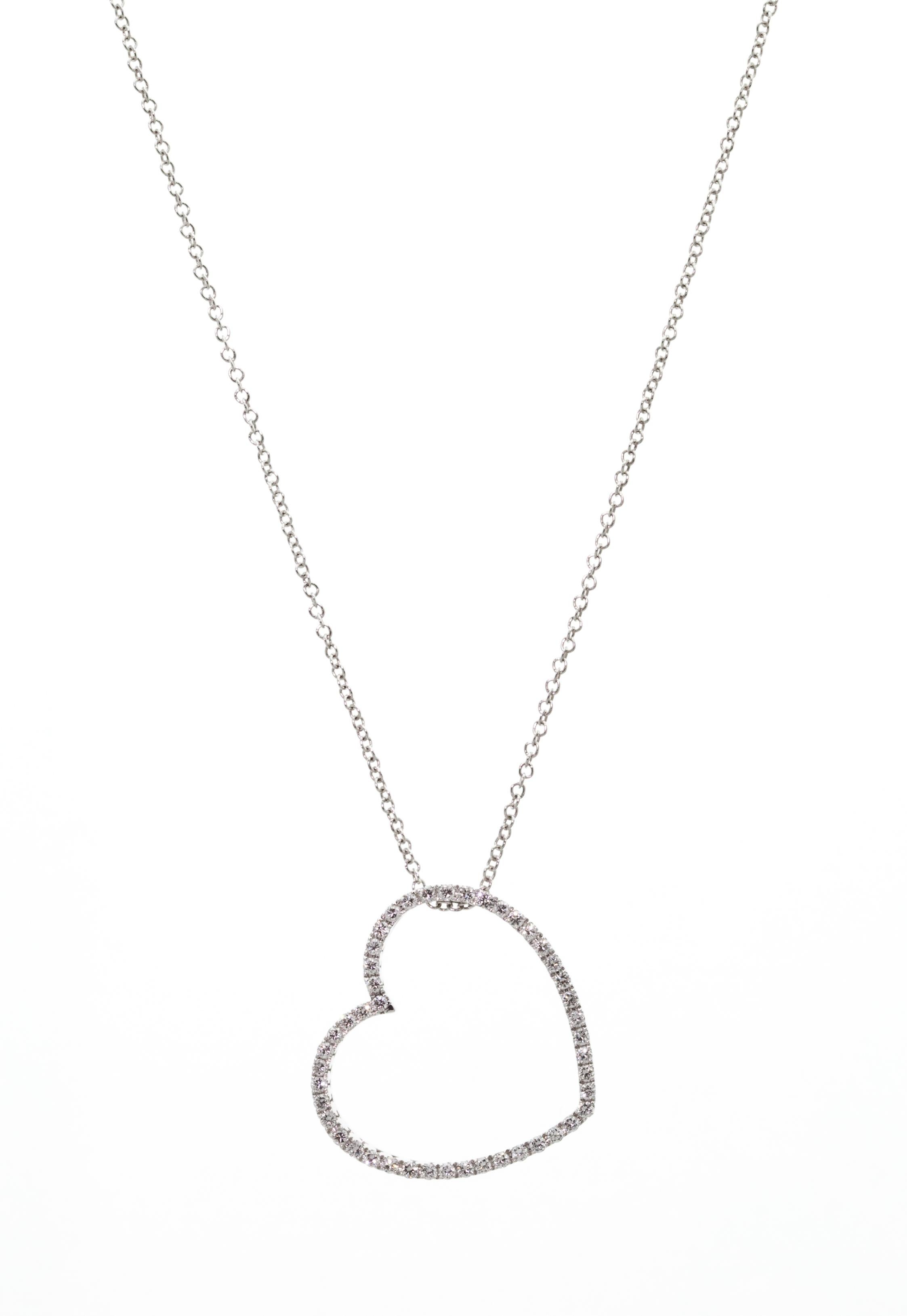 Ladies' open heart diamond pendant in 18kt white gold set with 0.58ct total of diamonds. Sliding on 1mm width 16
