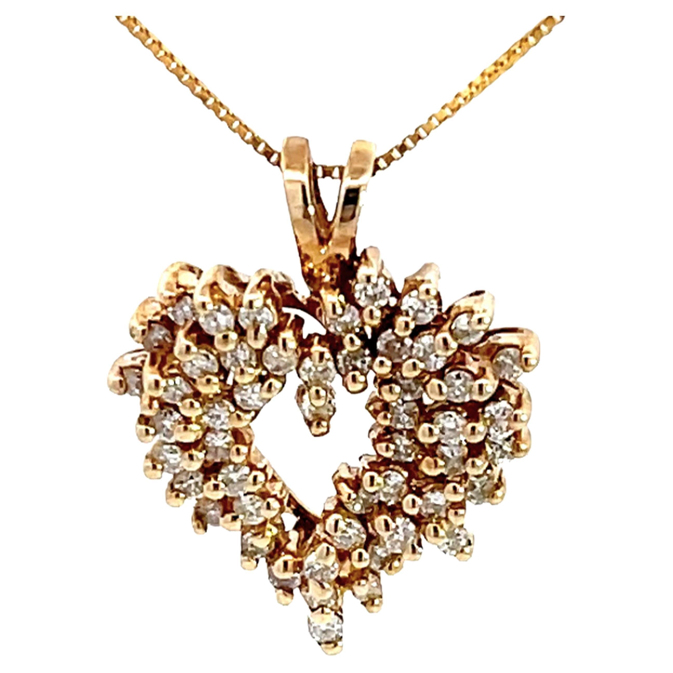 Diamond Heart Pendant with Chain in 14k Yellow Gold For Sale