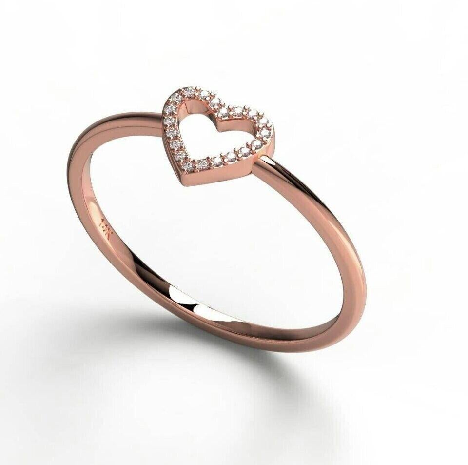 Diamond Heart Ring 14K Solid Gold heart Stacking ring For Women Valentines Gift For Sale 6
