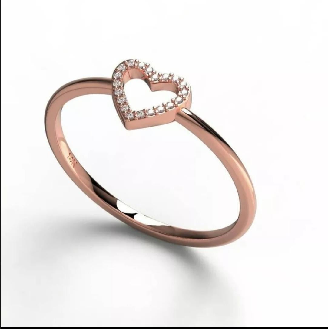 Art Deco Diamond Heart Ring 14K Solid Gold Heart Stacking Ring For Women Valentines Gift. For Sale