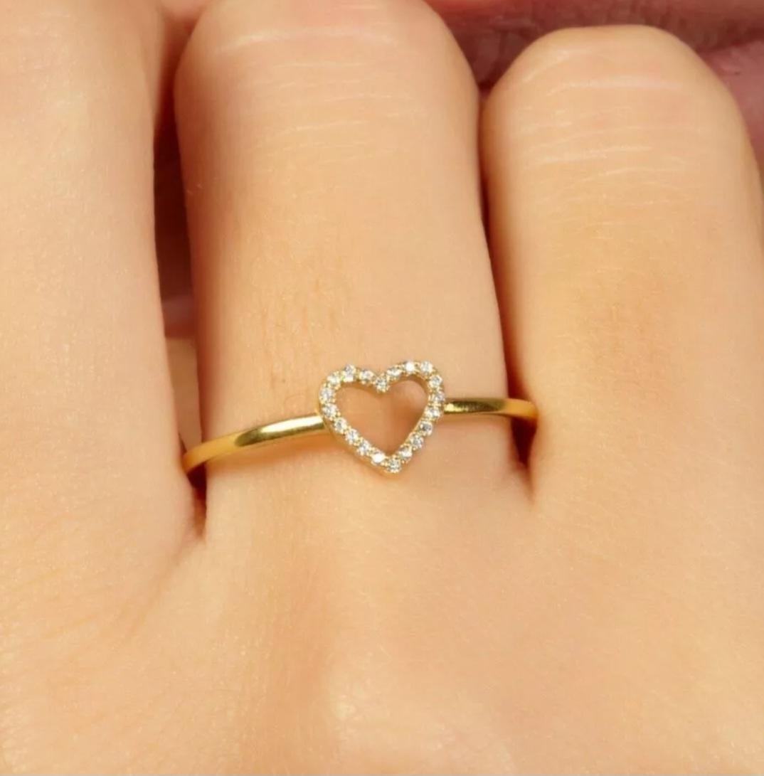 Diamond Heart Ring 14K Solid Gold Heart Stacking Ring For Women Valentines Gift. For Sale 1