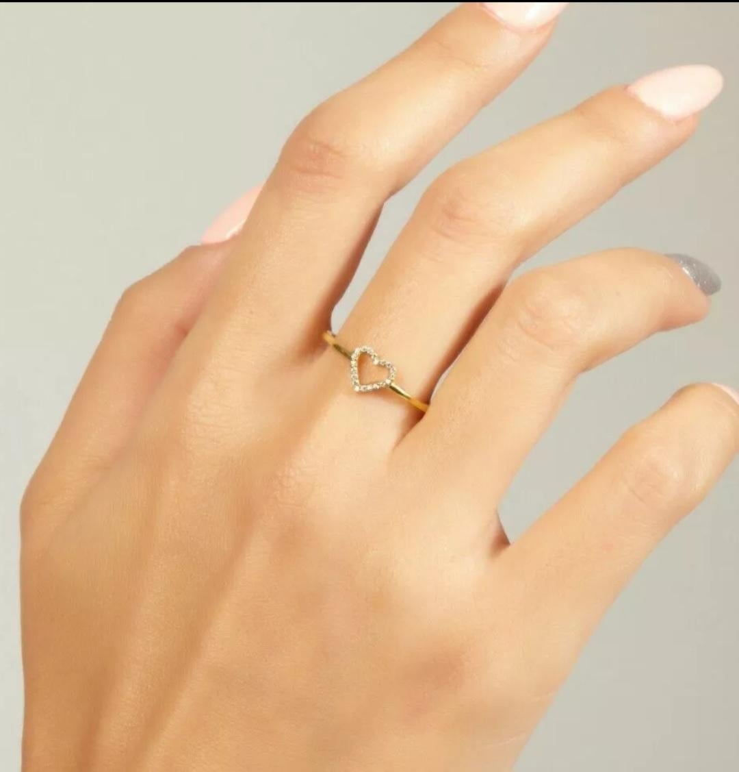 Diamond Heart Ring 14K Solid Gold Heart Stacking Ring For Women Valentines Gift. For Sale 3
