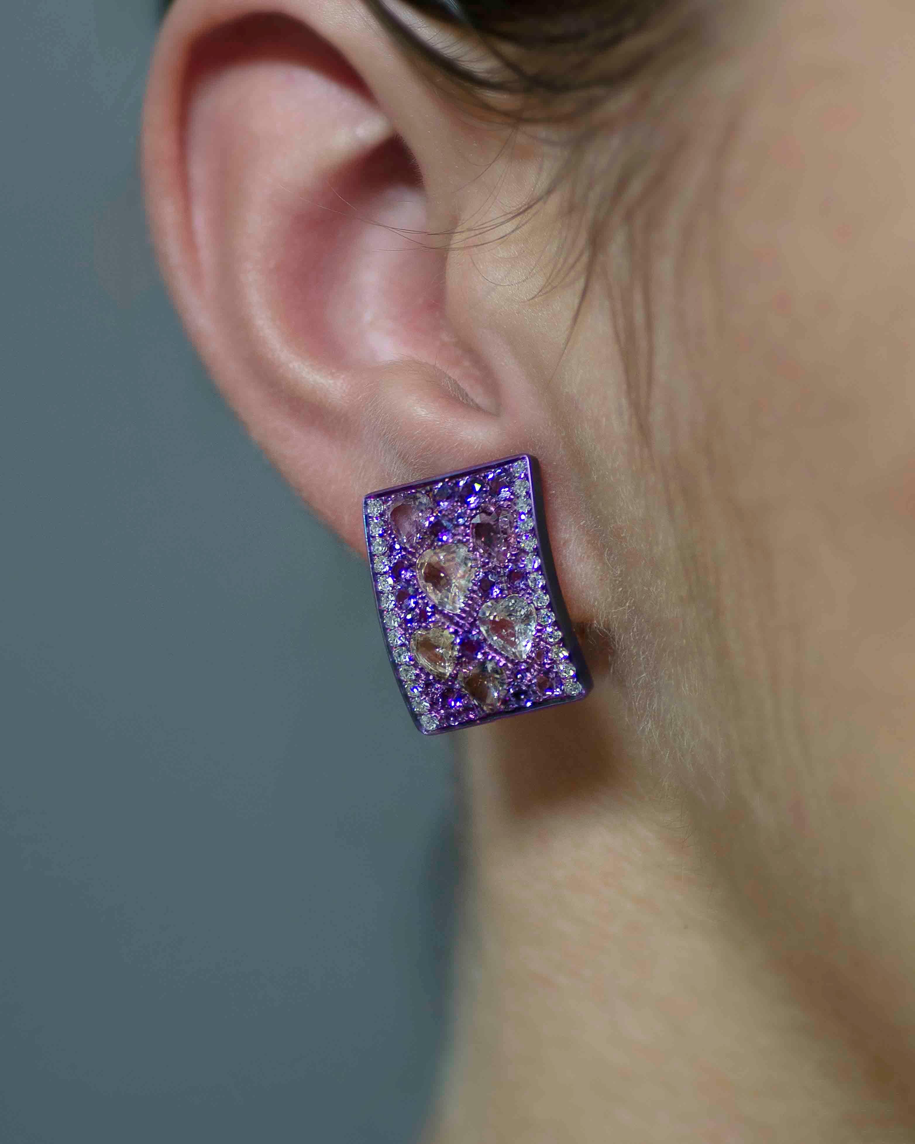 Diamond Heart Sapphires Amethyst Rose Gold Titanium Made in Italy Earrings In New Condition For Sale In Valenza , IT