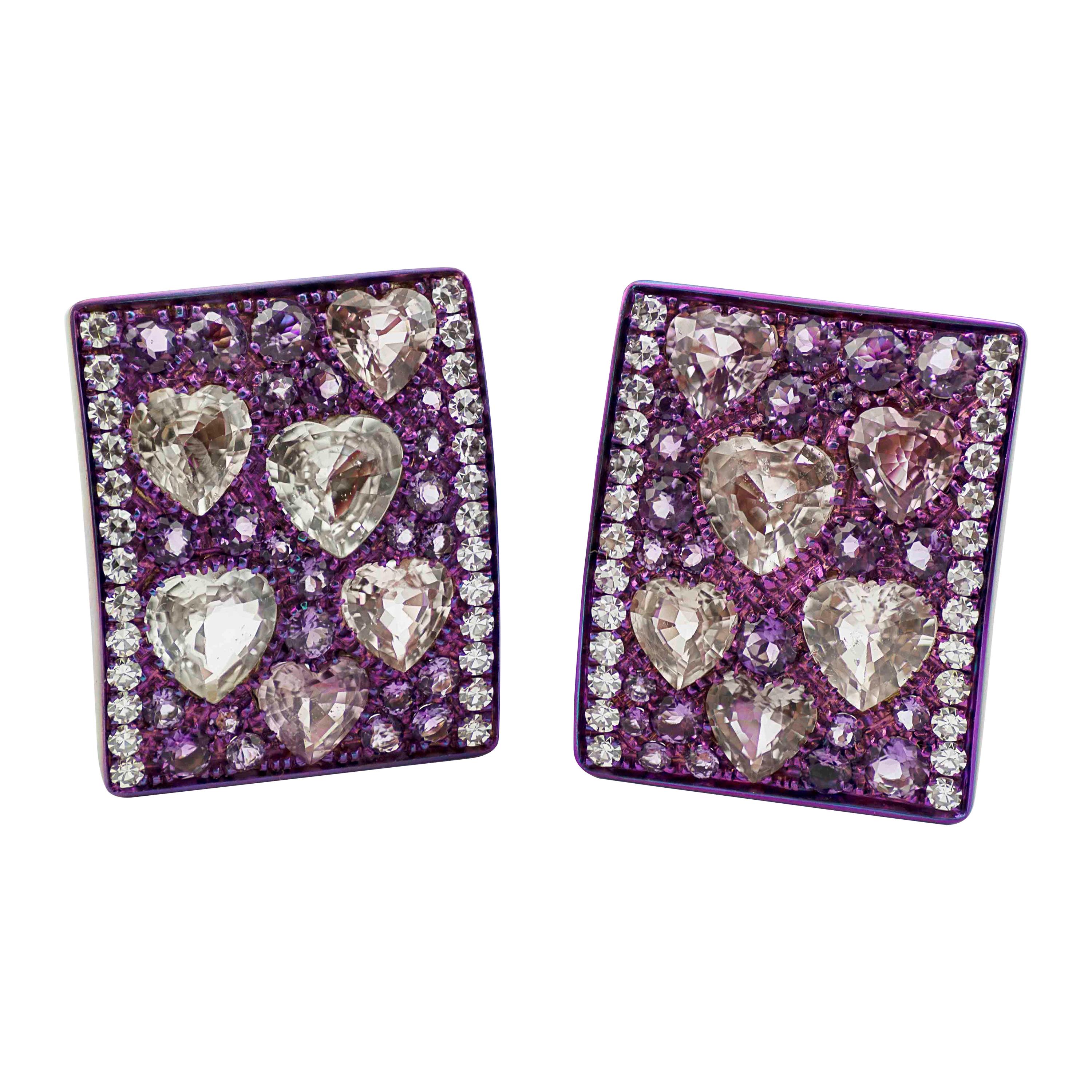 Diamond Heart Sapphires Amethyst Rose Gold Titanium Made in Italy Earrings For Sale