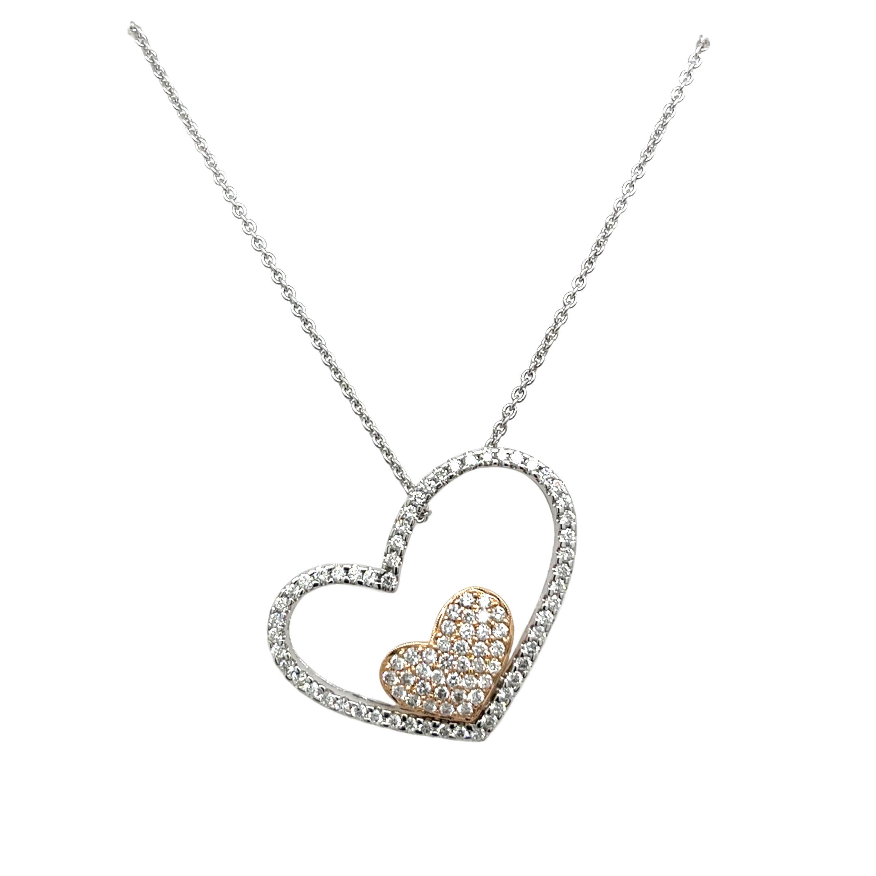 Ciondolo a forma di cuore con diamanti incastonati in oro bianco e rosa 18ct, con 1,10ct di diamanti In condizioni ottime in vendita a London, GB