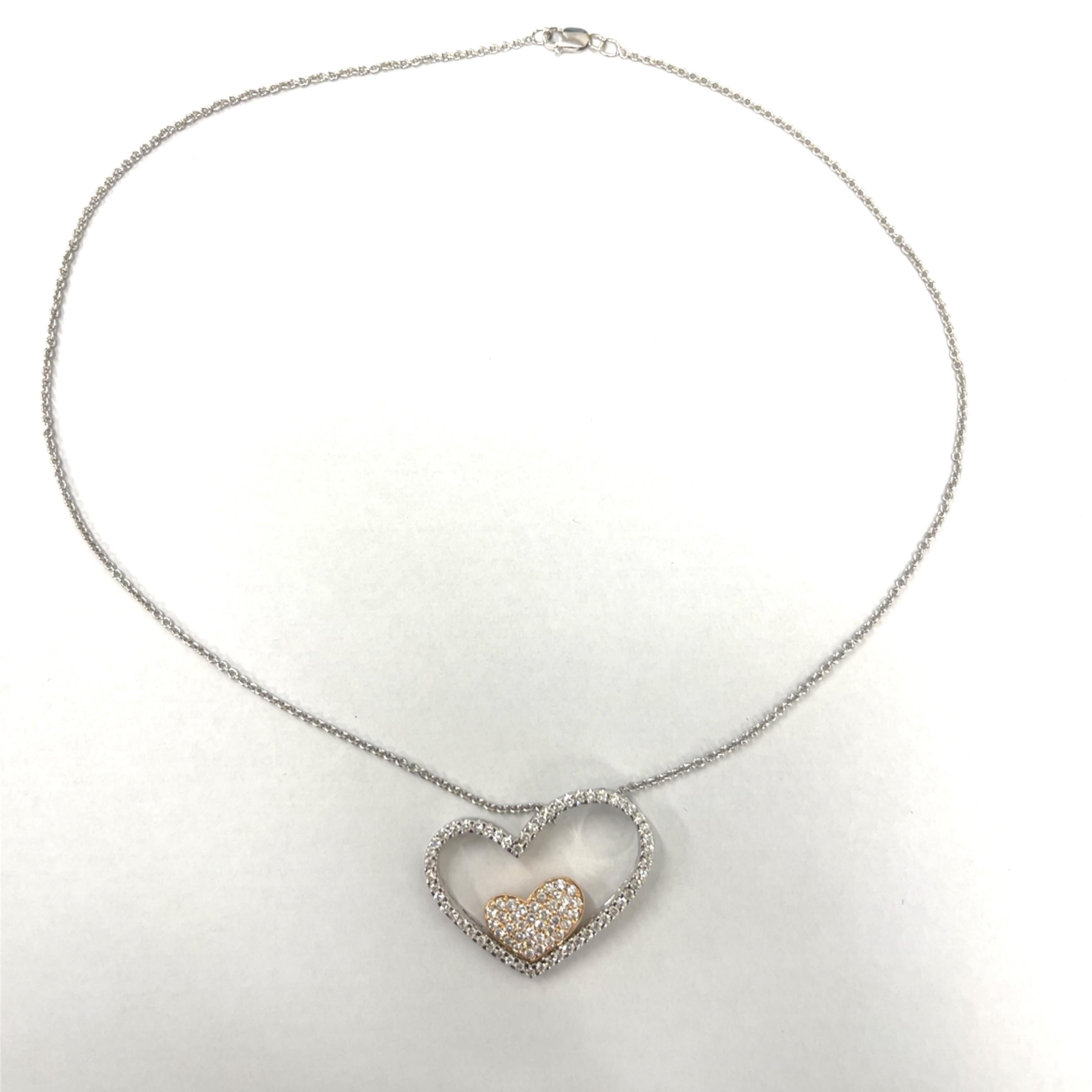 da uomo o donna Ciondolo a forma di cuore con diamanti incastonati in oro bianco e rosa 18ct, con 1,10ct di diamanti in vendita