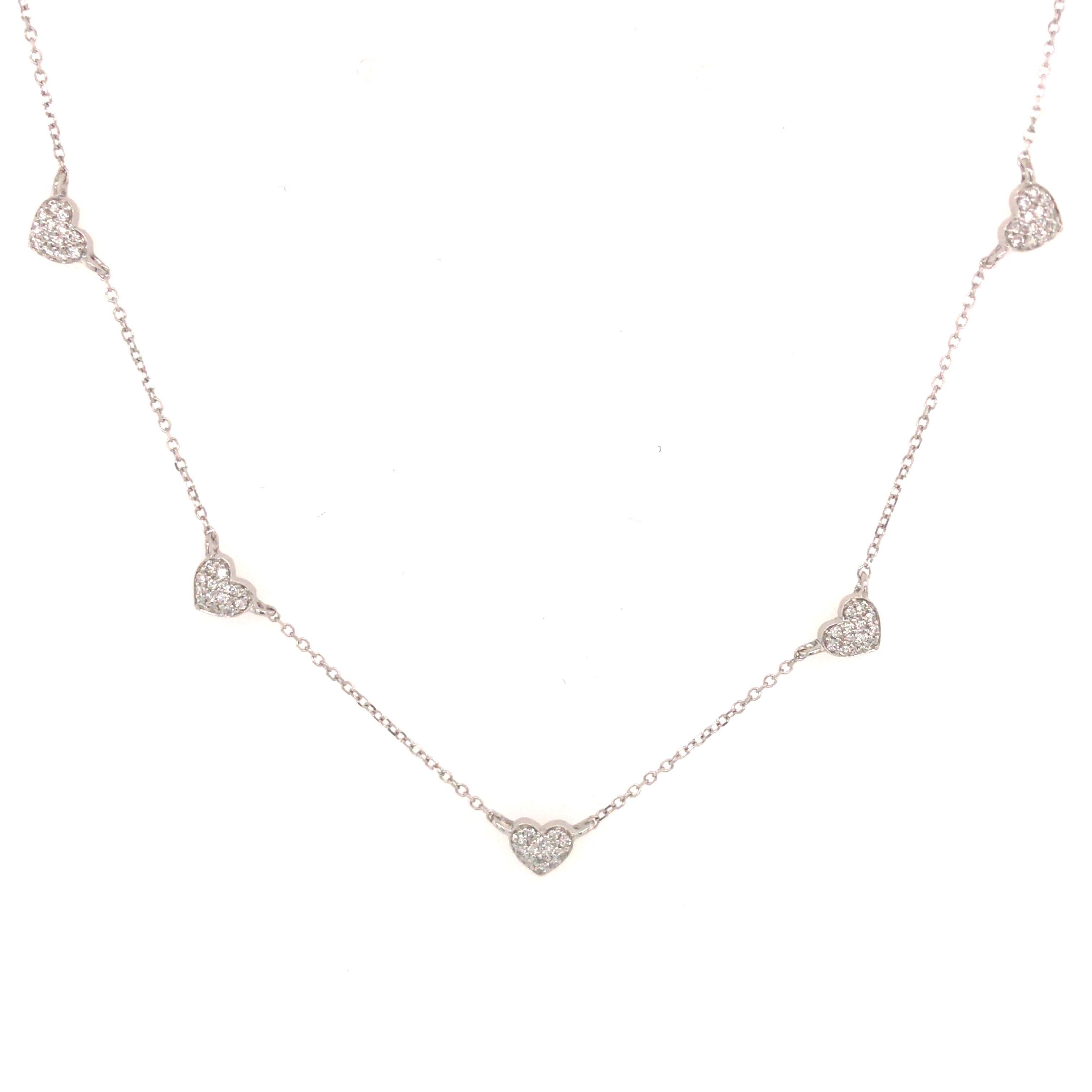 Round Cut Diamond Heart Shaped Cluster Station Necklace in 14 Karat White Gold