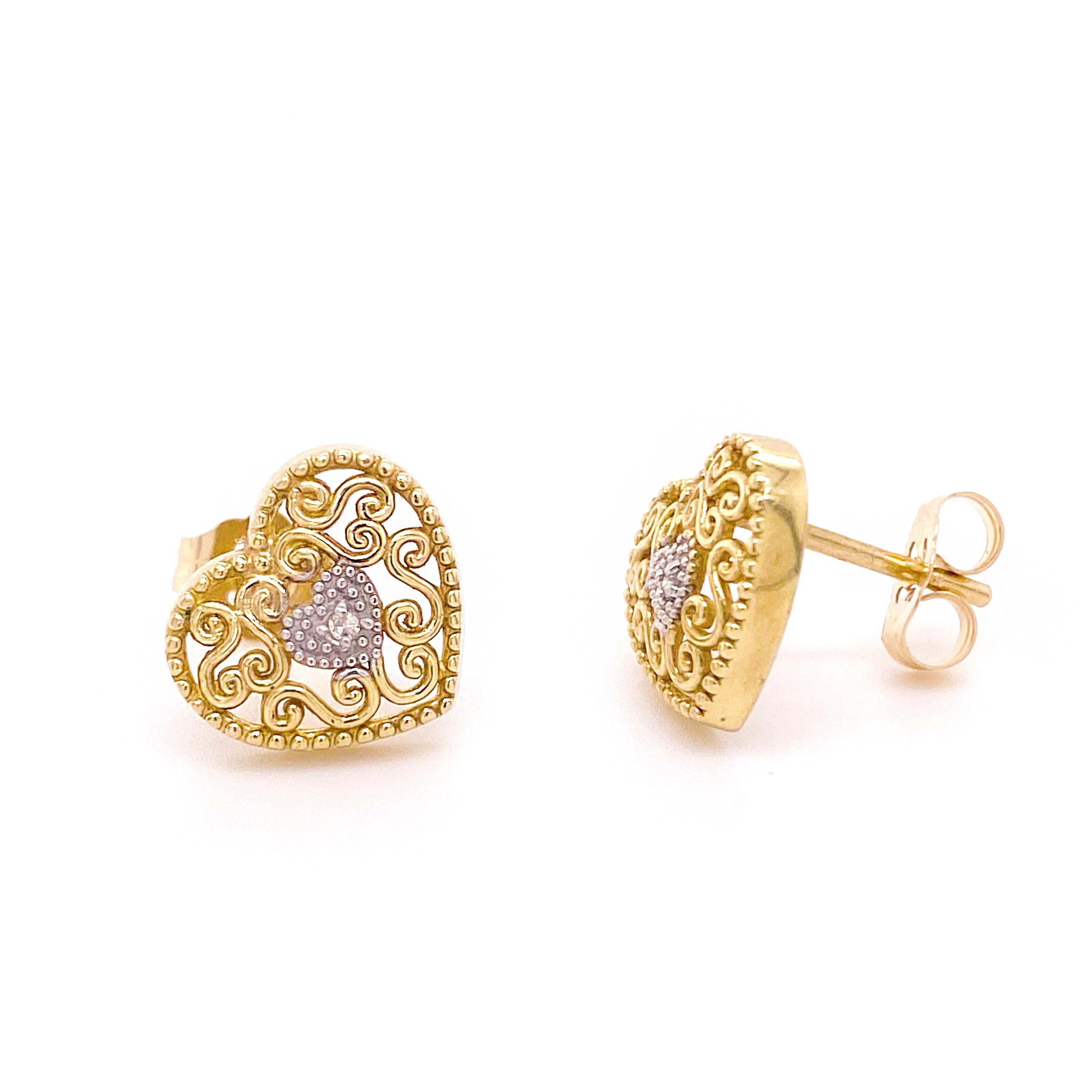 Contemporary Diamond Heart Stud Earrings, Yellow Gold and White Gold, Valentine's, Love For Sale