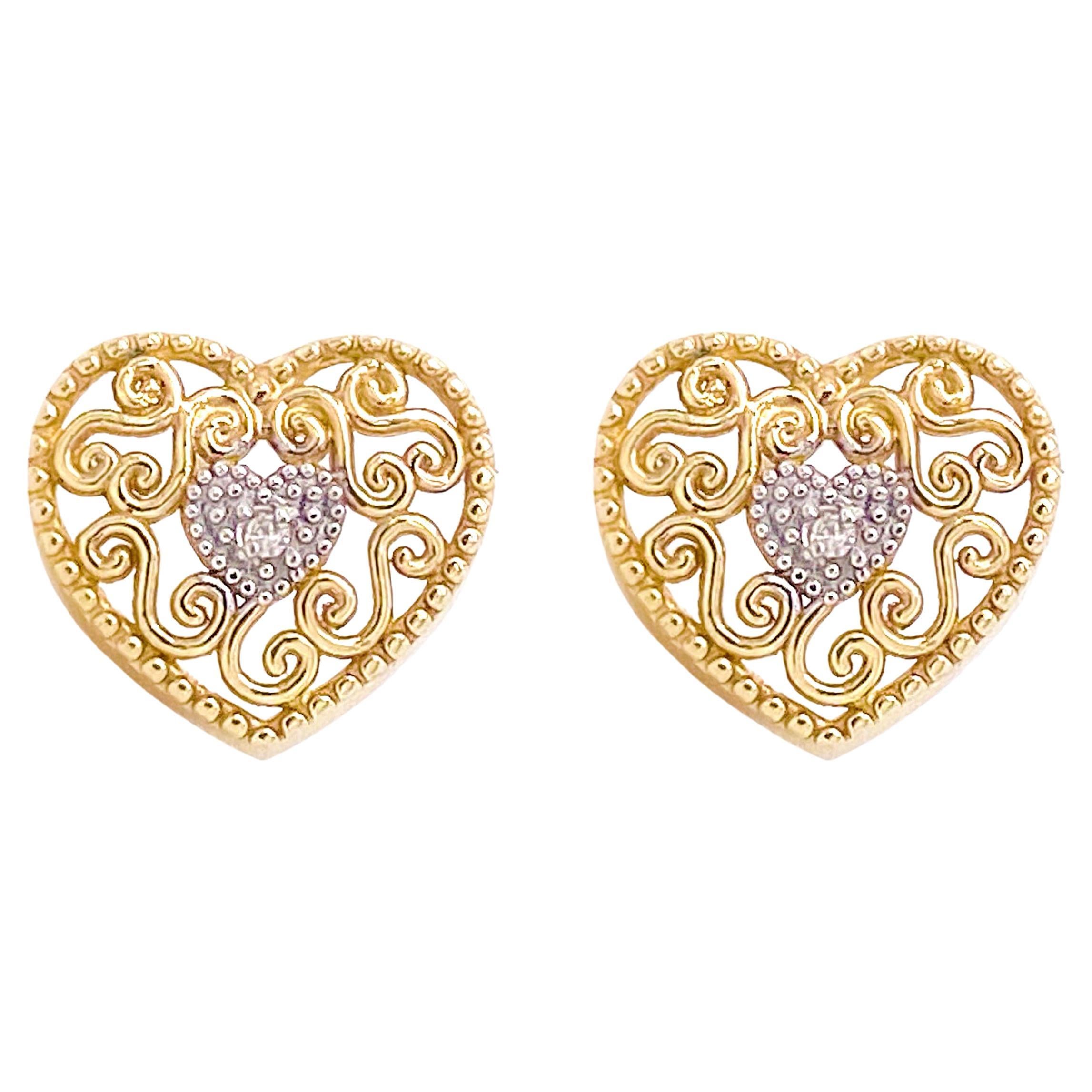 Diamond Heart Stud Earrings, Yellow Gold and White Gold, Valentine's, Love For Sale