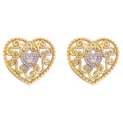 Diamond Heart Stud Earrings, Yellow Gold and White Gold, Valentine's, Love