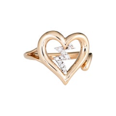 Diamond Heartbeat Ring Estate 14 Karat Yellow Gold Heart Jewelry Vintage