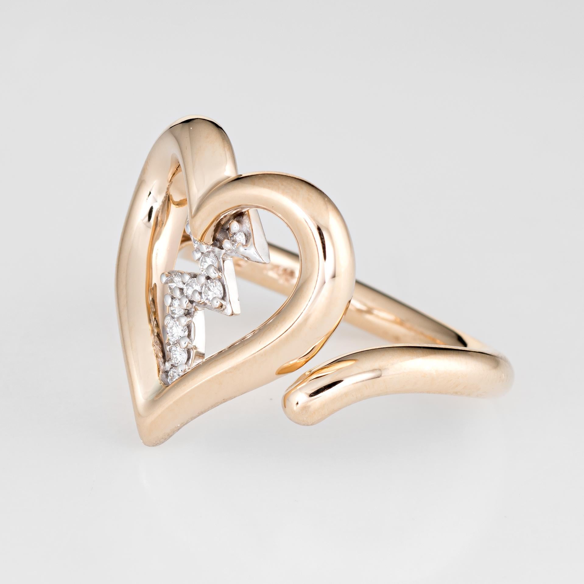 Diamond Heartbeat Ring Estate 14 Karat Yellow Gold Heart Jewelry Vintage In Excellent Condition In Torrance, CA