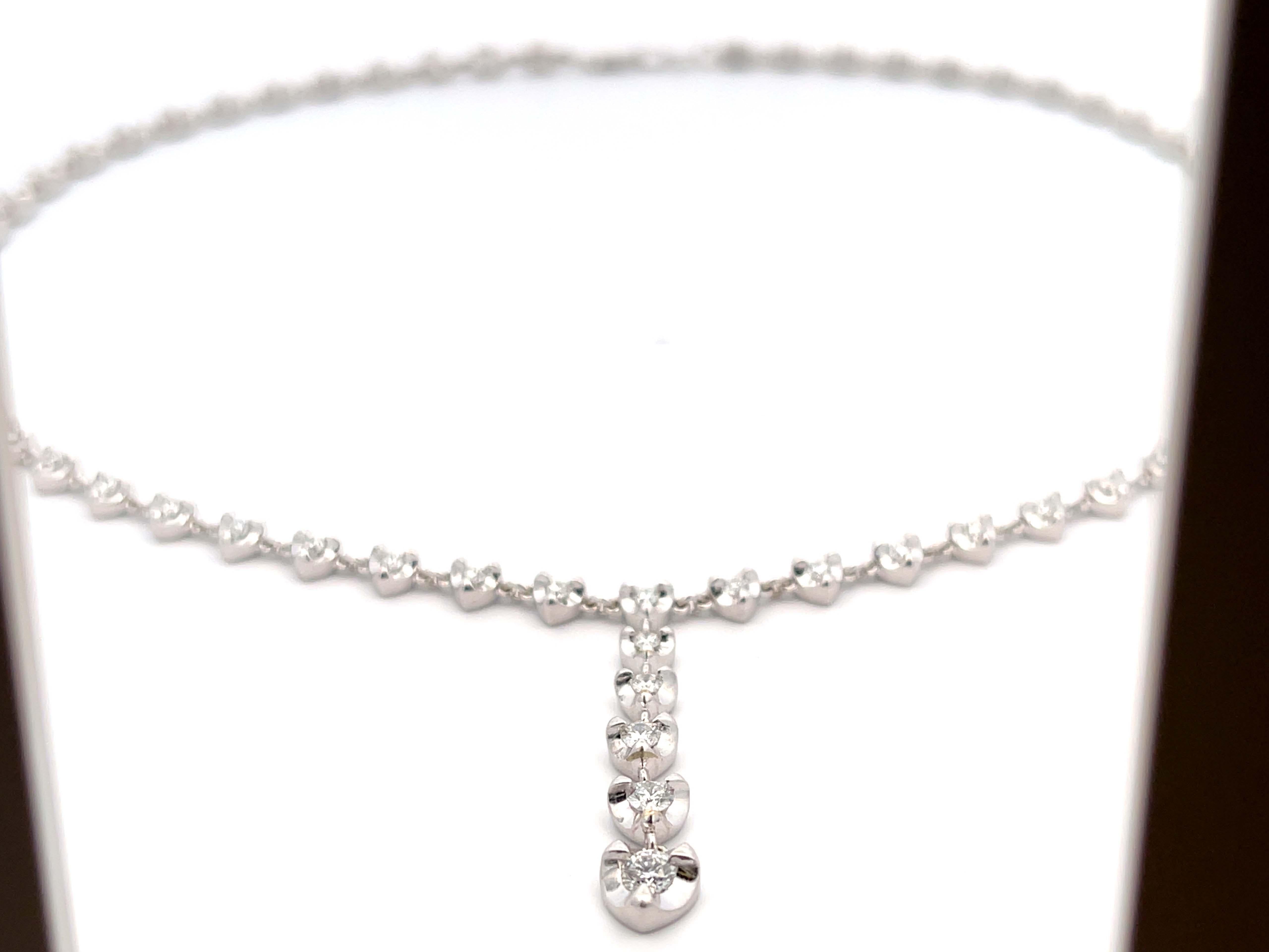 Brilliant Cut Diamond Hearts Drop Necklace in 14k White Gold For Sale
