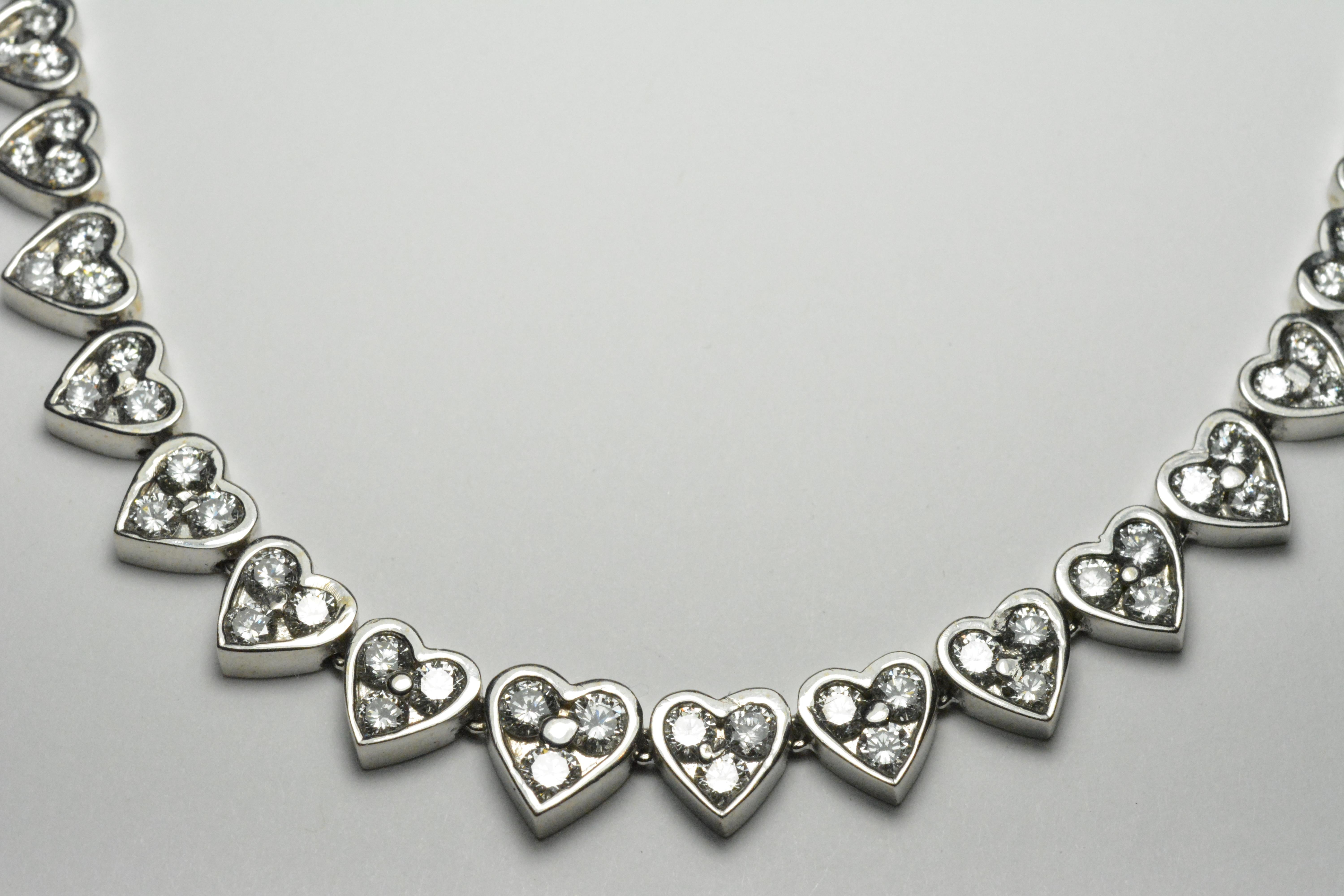 Diamond Hearts Necklace in 18 Karat White Gold with Total Carat Weight of 9.00 In Excellent Condition In Laguna Beach, CA
