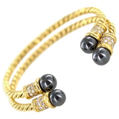 Diamond Hematite 18 Karat Yellow Gold Cable Cuff Bracelet Set