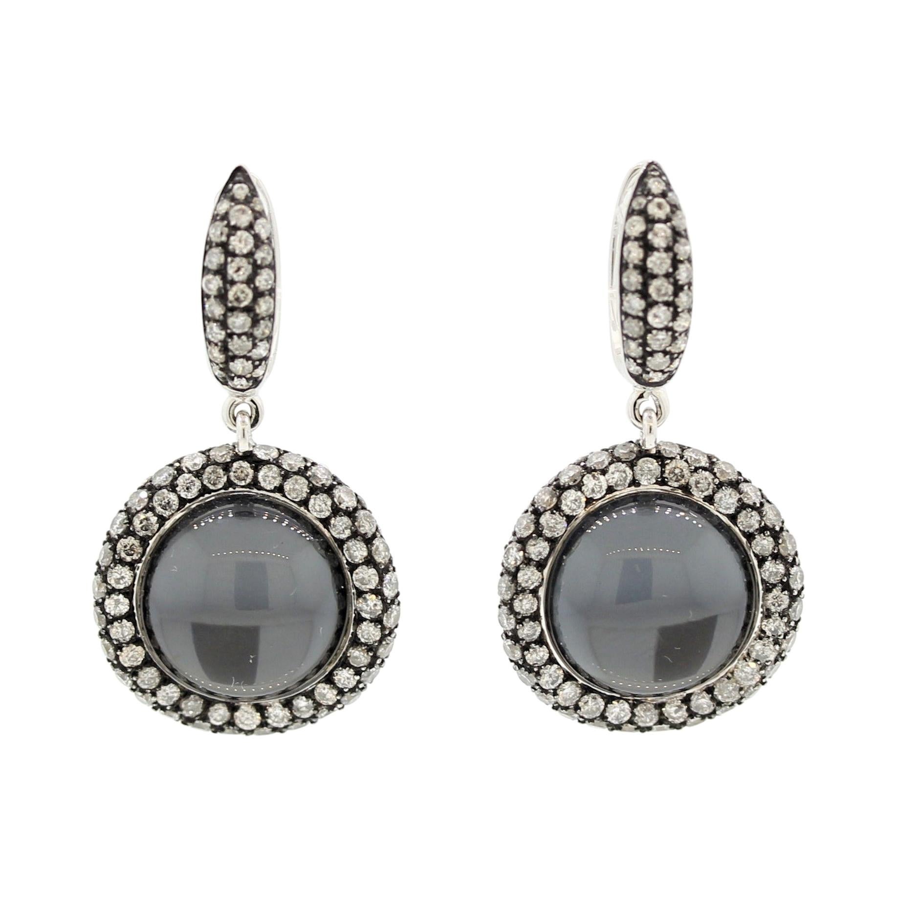 Diamond Hematite Quartz Gold Drop Earrings For Sale