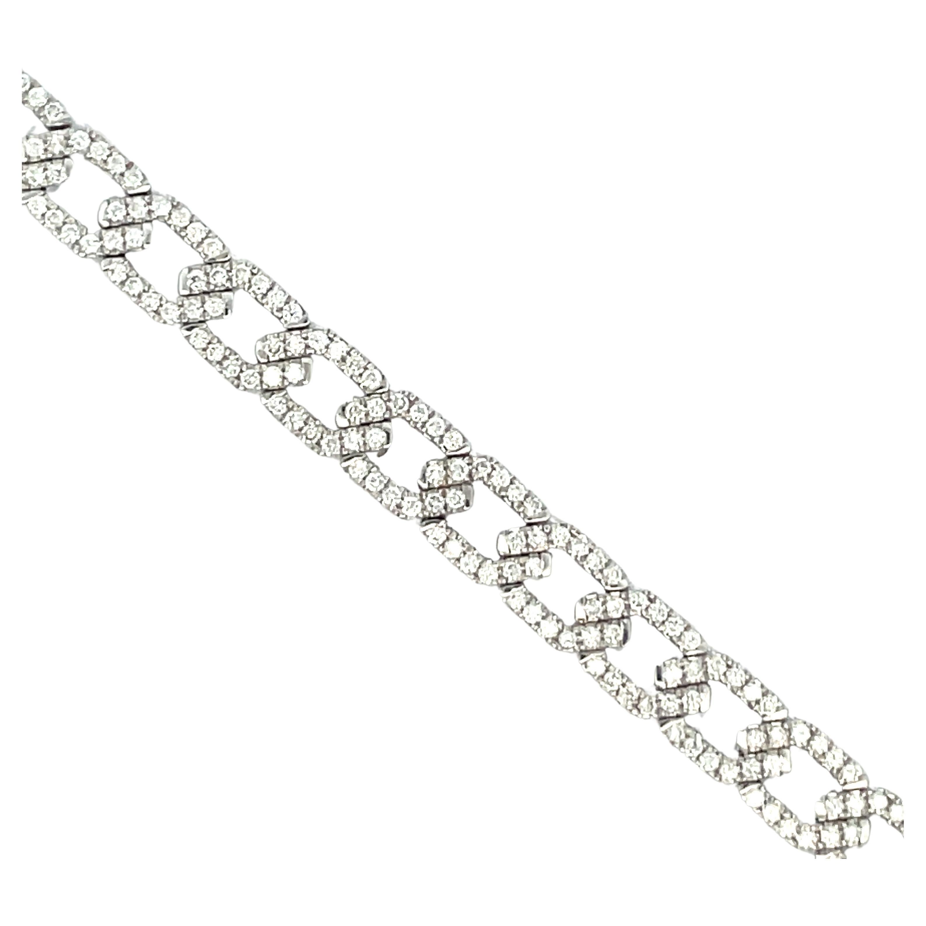 Diamond bracelet featuring Hexagon shape links featuring 304 diamonds weighing 2.83 carats in 14 Karat White Gold.
Color G-H
Clarity SI

Full of sparkle & brilliance!
More diamond link bracelets in stock, search Harbor Diamonds