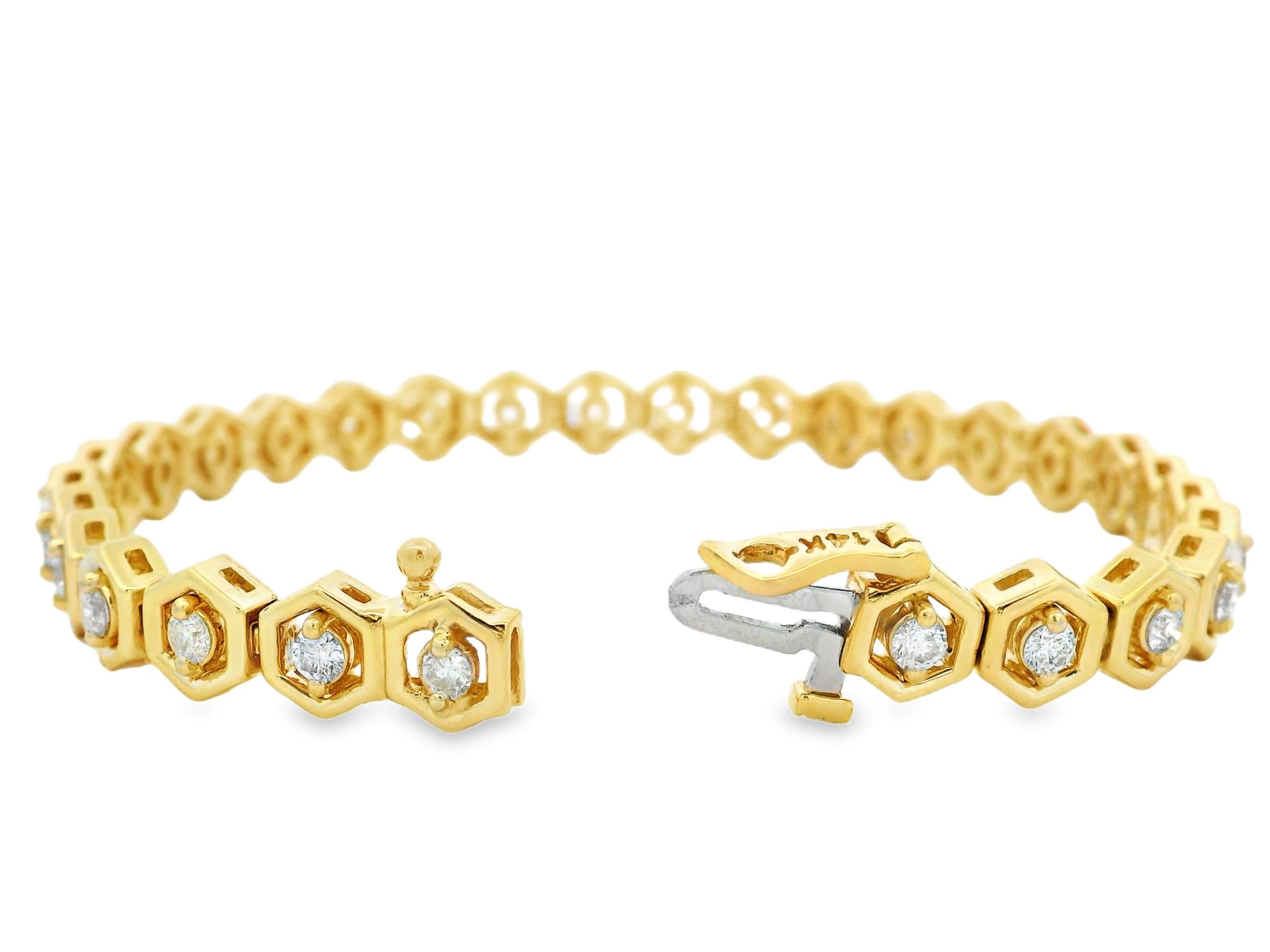Bracelet à maillons hexagonaux en or jaune 14K, diamants, 7 pouces Unisexe en vente