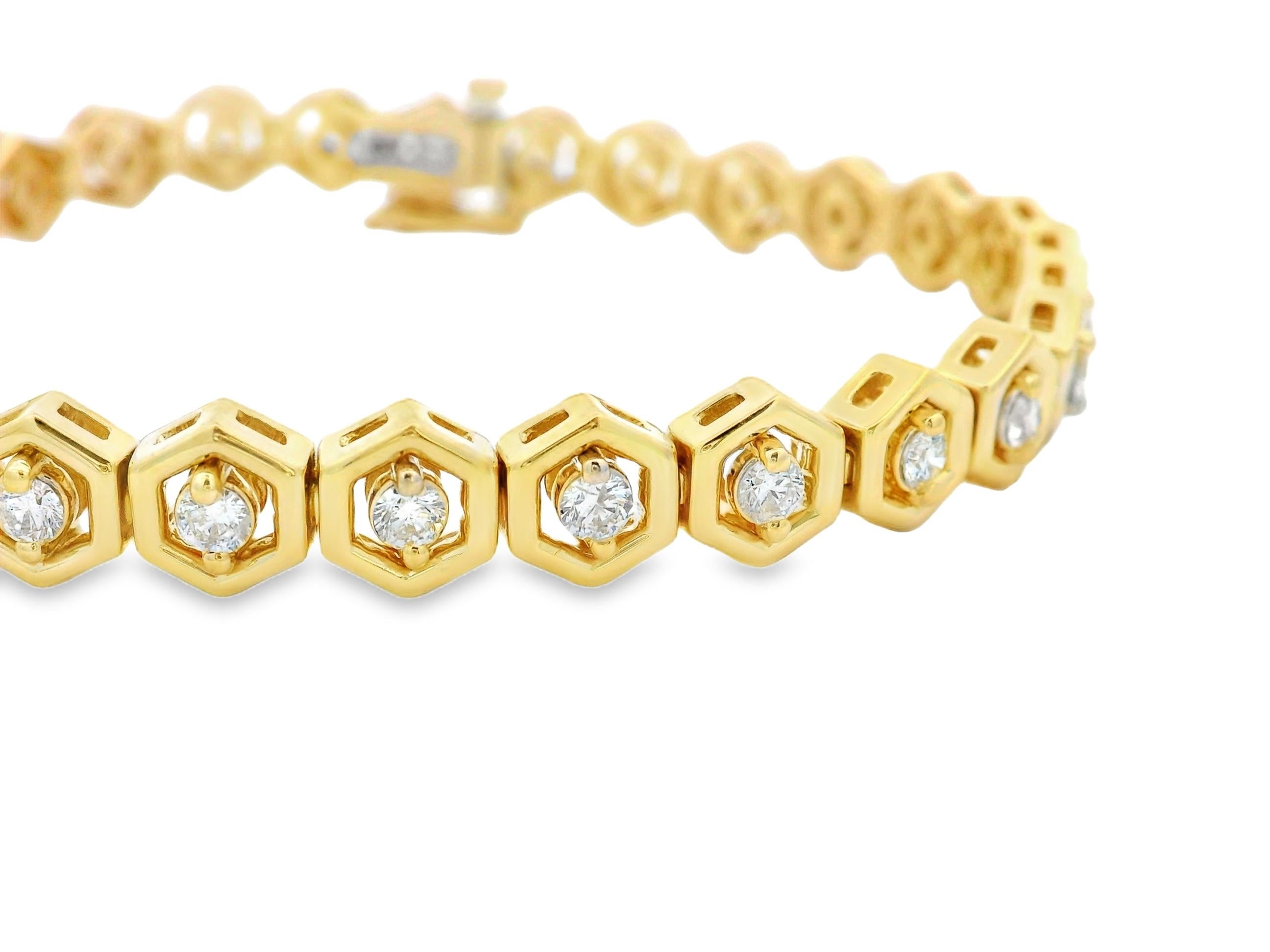 Bracelet à maillons hexagonaux en or jaune 14K, diamants, 7 pouces en vente 1