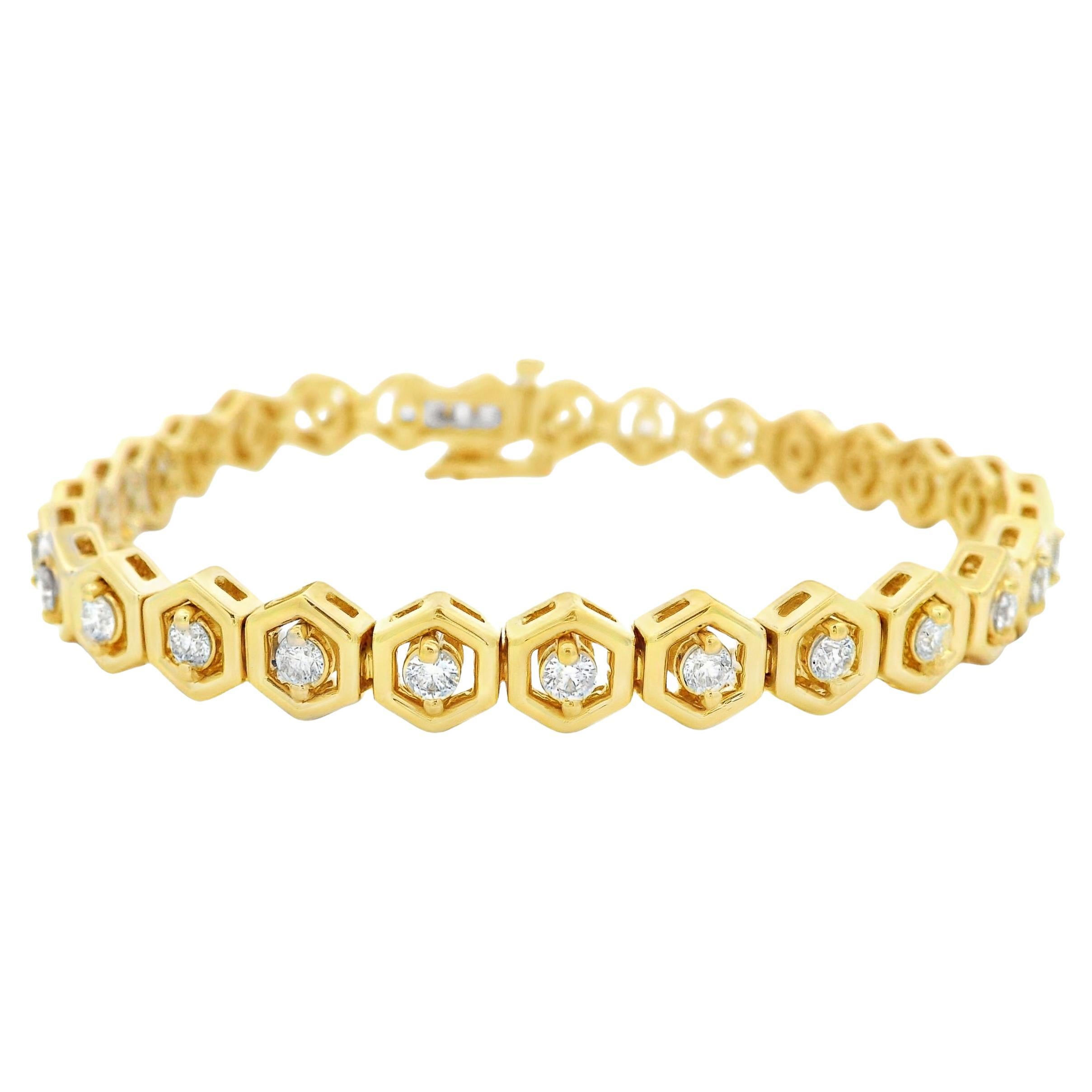 Bracelet à maillons hexagonaux en or jaune 14K, diamants, 7 pouces en vente