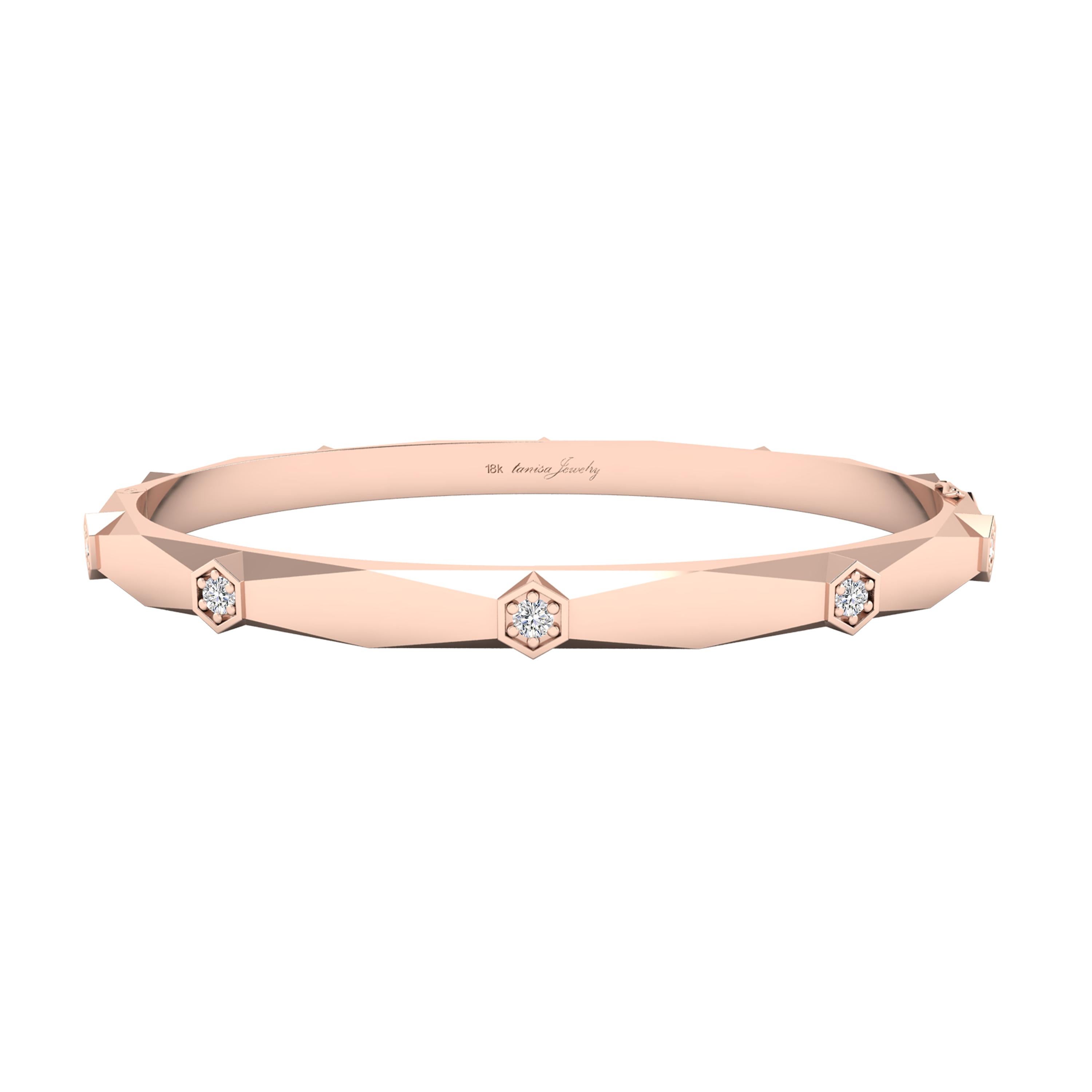 Taille ronde Tanisa Nahata, bracelet jonc hexagonal miroir en or rose 18 carats et diamants en vente