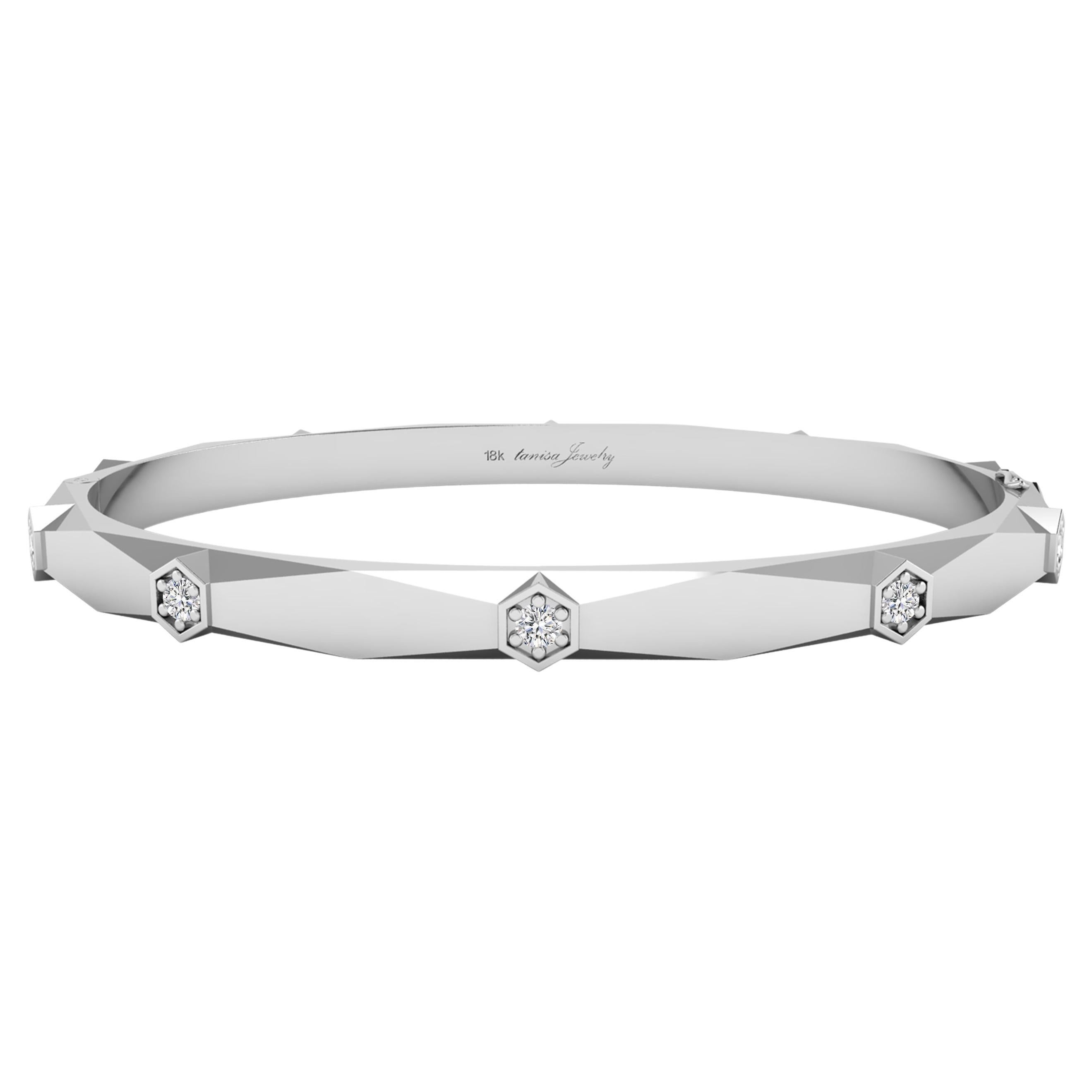 Bracelet jonc hexagonal en or blanc 18 carats avec diamants