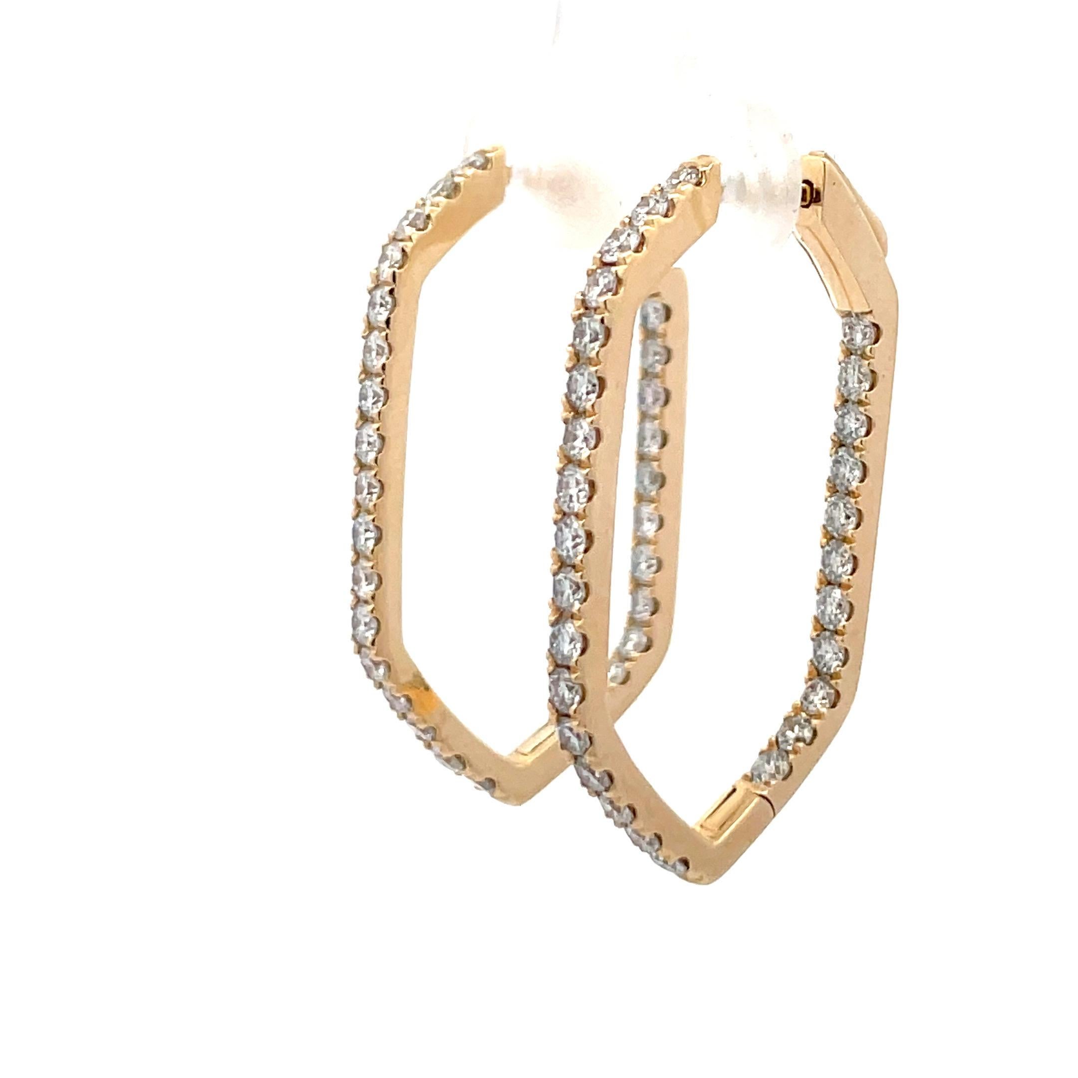Contemporary Diamond Hexagon Motif Hoop Earrings 1.95 Carats 14 Karat Yellow Gold For Sale