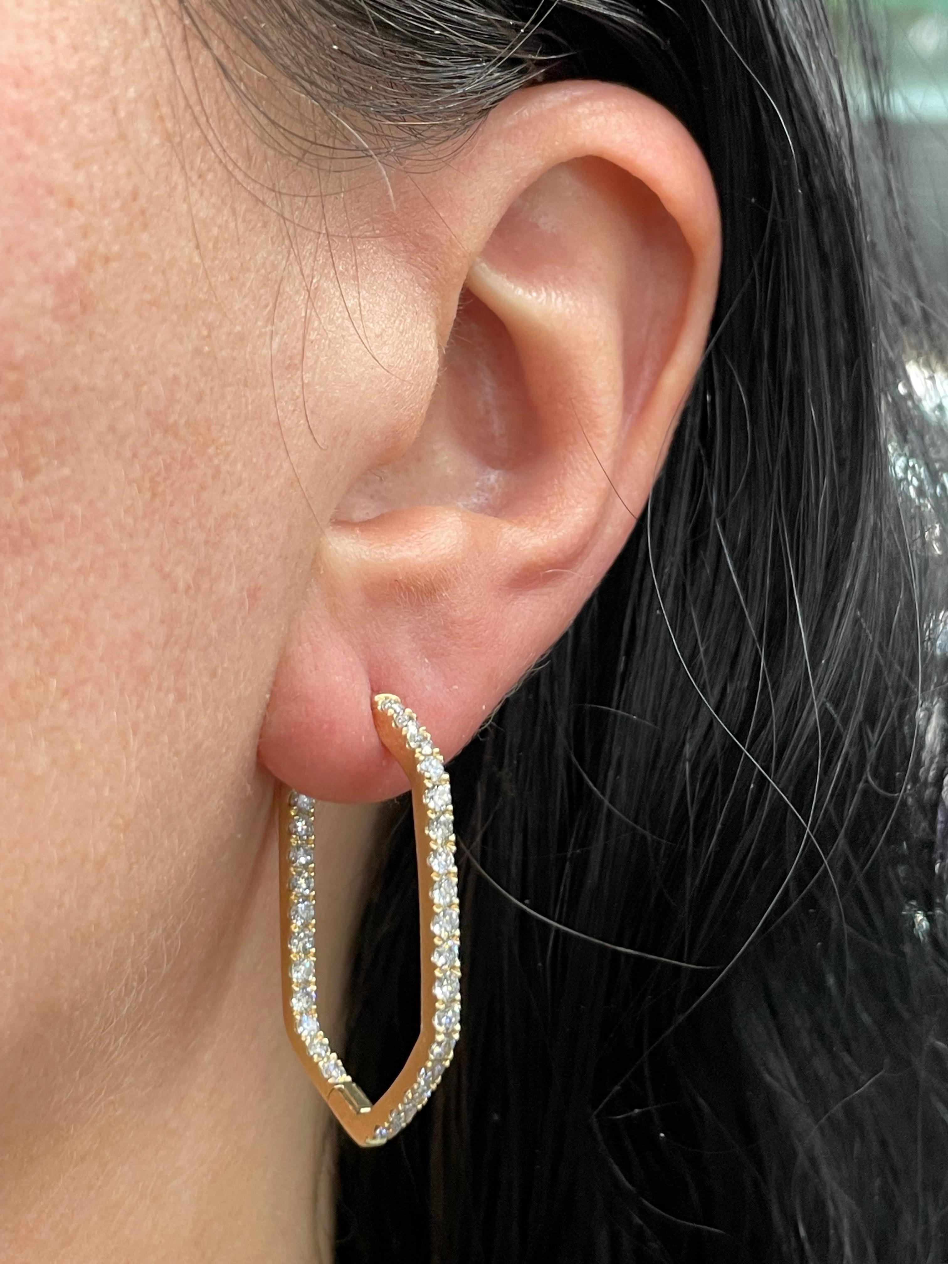 Round Cut Diamond Hexagon Motif Hoop Earrings 1.95 Carats 14 Karat Yellow Gold For Sale