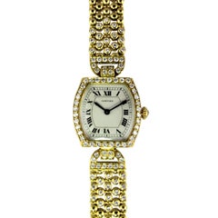 Cartier Yellow Gold Diamond High Jewelry Tonneau manual Bracelet Wristwatch