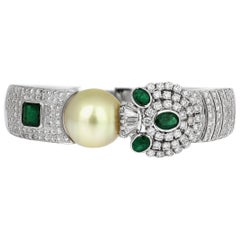 Diamond Hinged Bangle with South Sea Cultured Pearl & Emerald in 18K White Gold