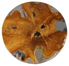 Diamond Home Round Indonesian Teak Wood Epoxy Brass Side Accent Table