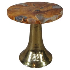 Diamond Home Round Indonesian Teak Wood Epoxy Brass Side Accent Table