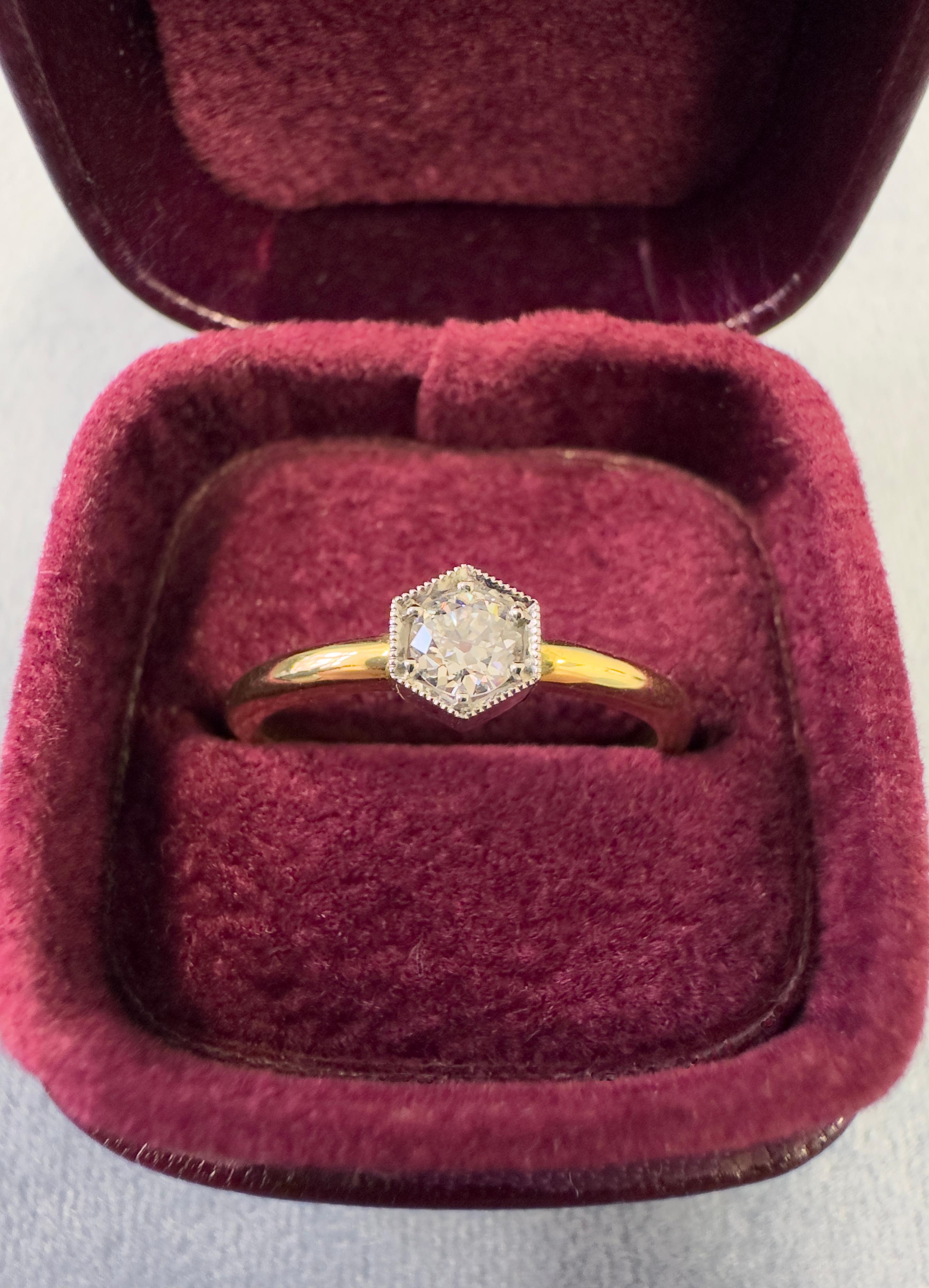 Old European Cut Art Deco Inspired 0.19 Carat Diamond Yellow Gold & Platinum Solitaire Ring For Sale
