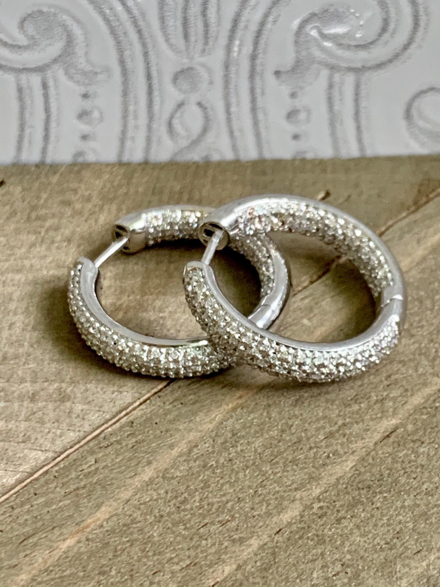 Round Cut Modern Inside / Outside 14 Karat White Gold Diamond Hussy Earrings For Sale