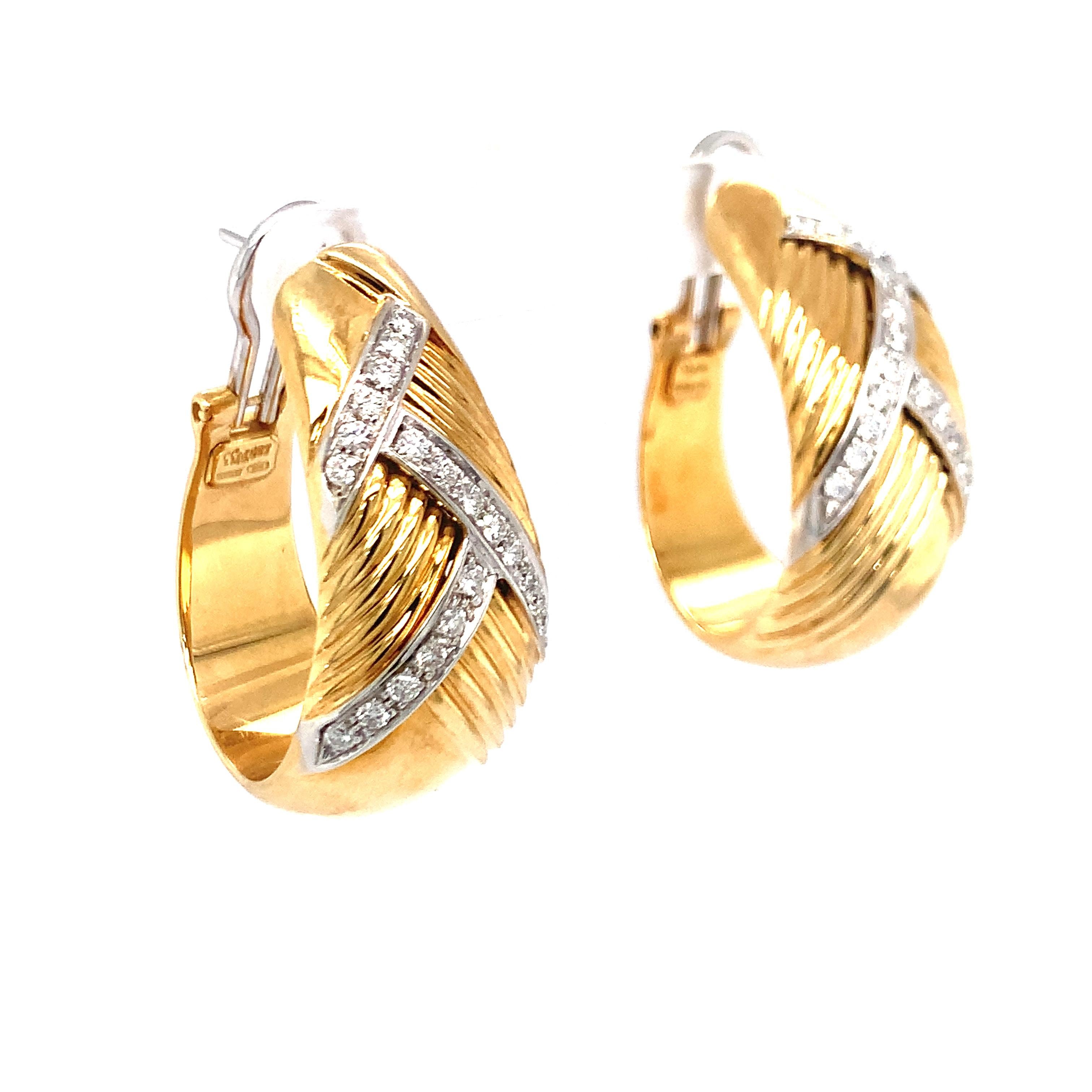 Round Cut Diamond Hoop 18K Yellow Gold Earrings For Sale
