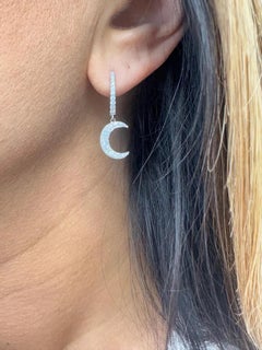 Diamond Hoop Drop Moon Crescent Earrings 0.60 Carats 18KT White Gold G VS2