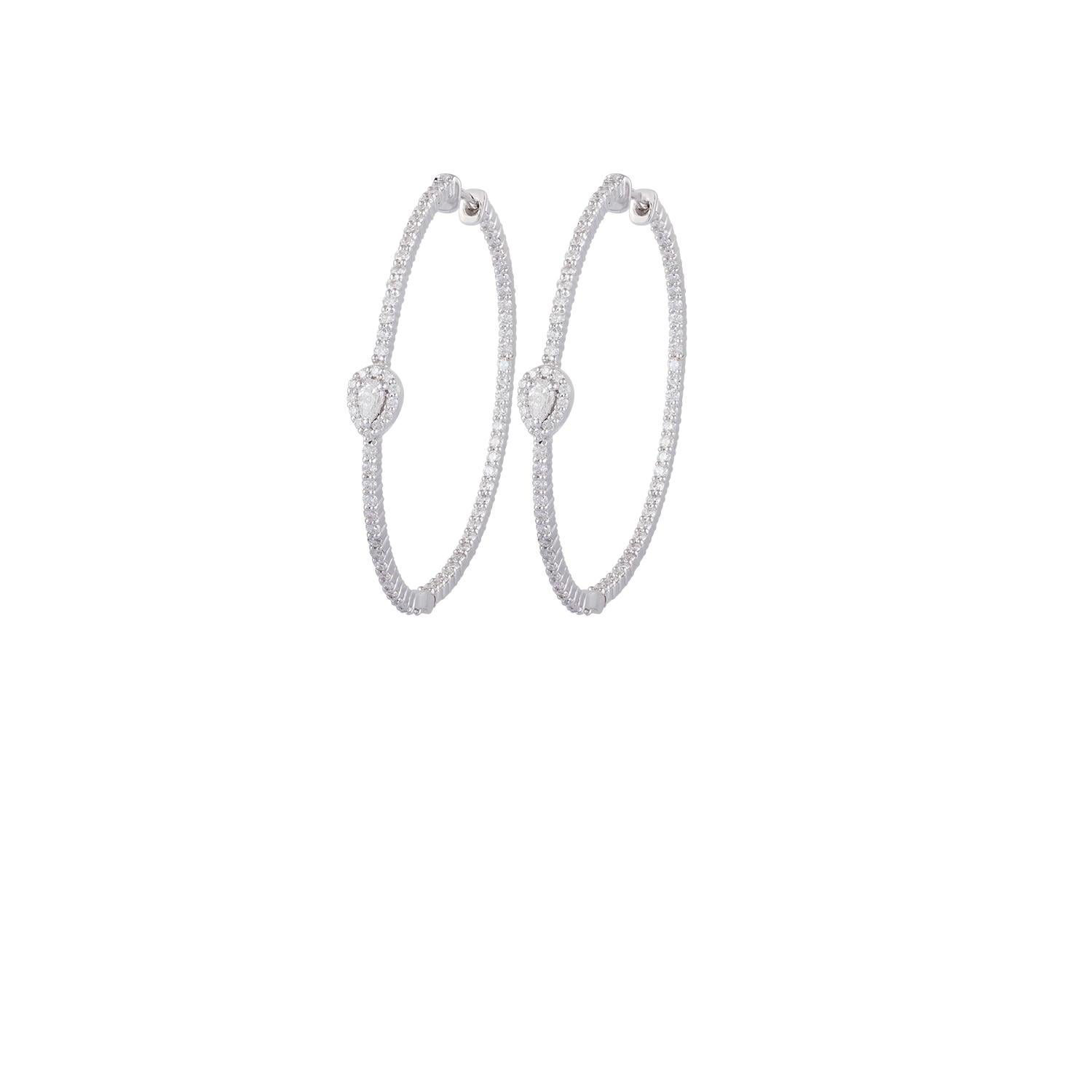 Contemporary Diamond Hoop Earring Studded in 18 Karat White Gold For Sale