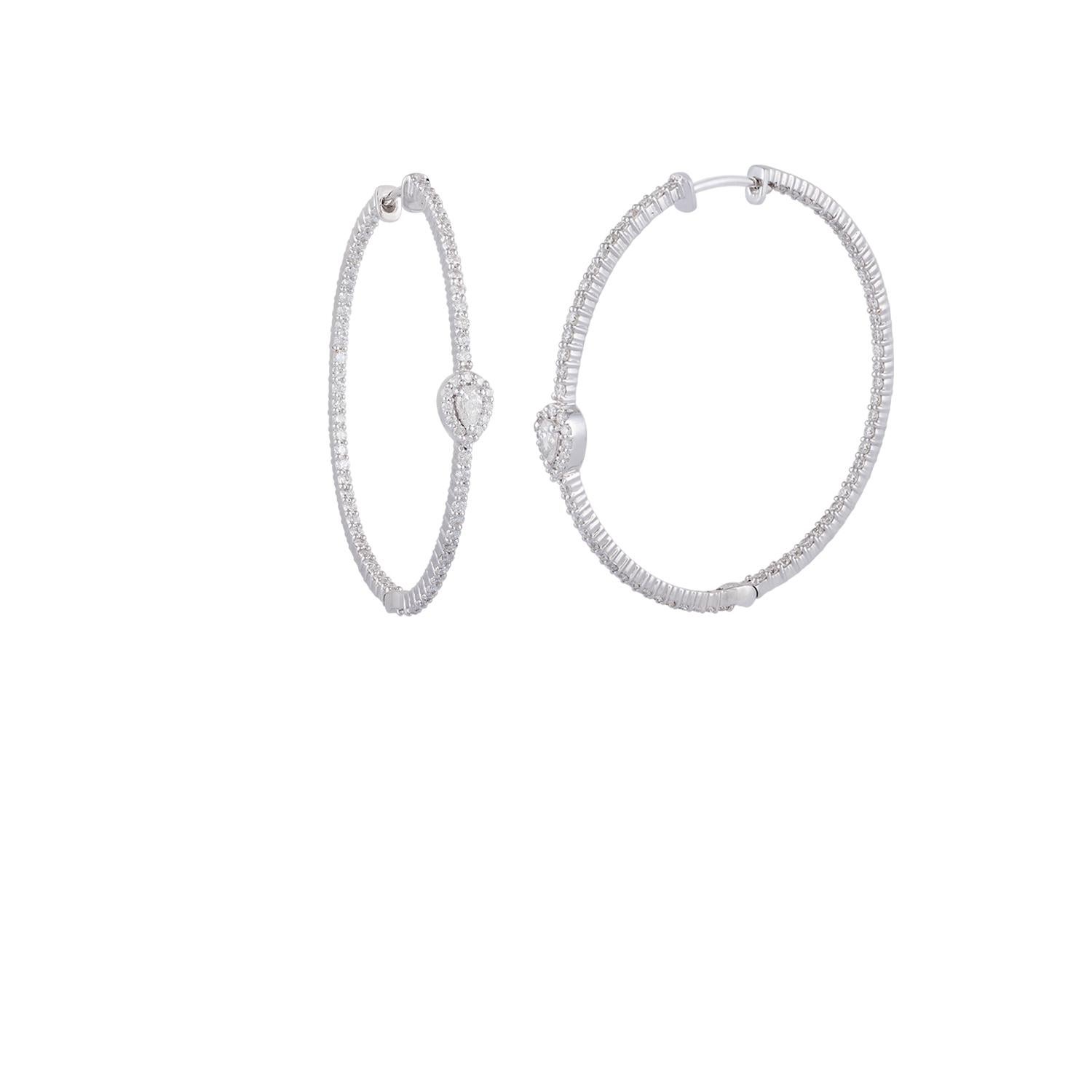 Round Cut Diamond Hoop Earring Studded in 18 Karat White Gold For Sale