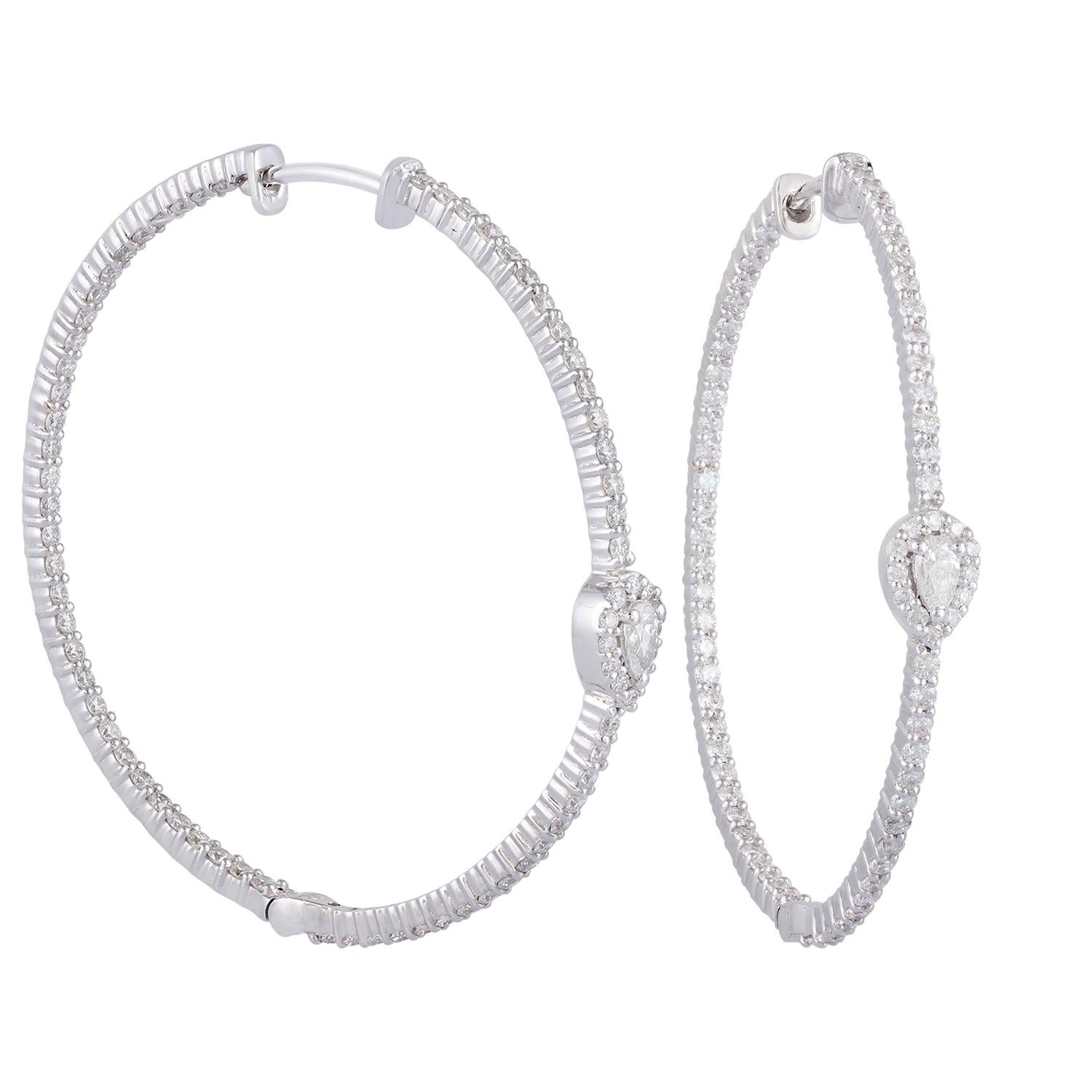 Diamond Hoop Earring Studded in 18 Karat White Gold For Sale