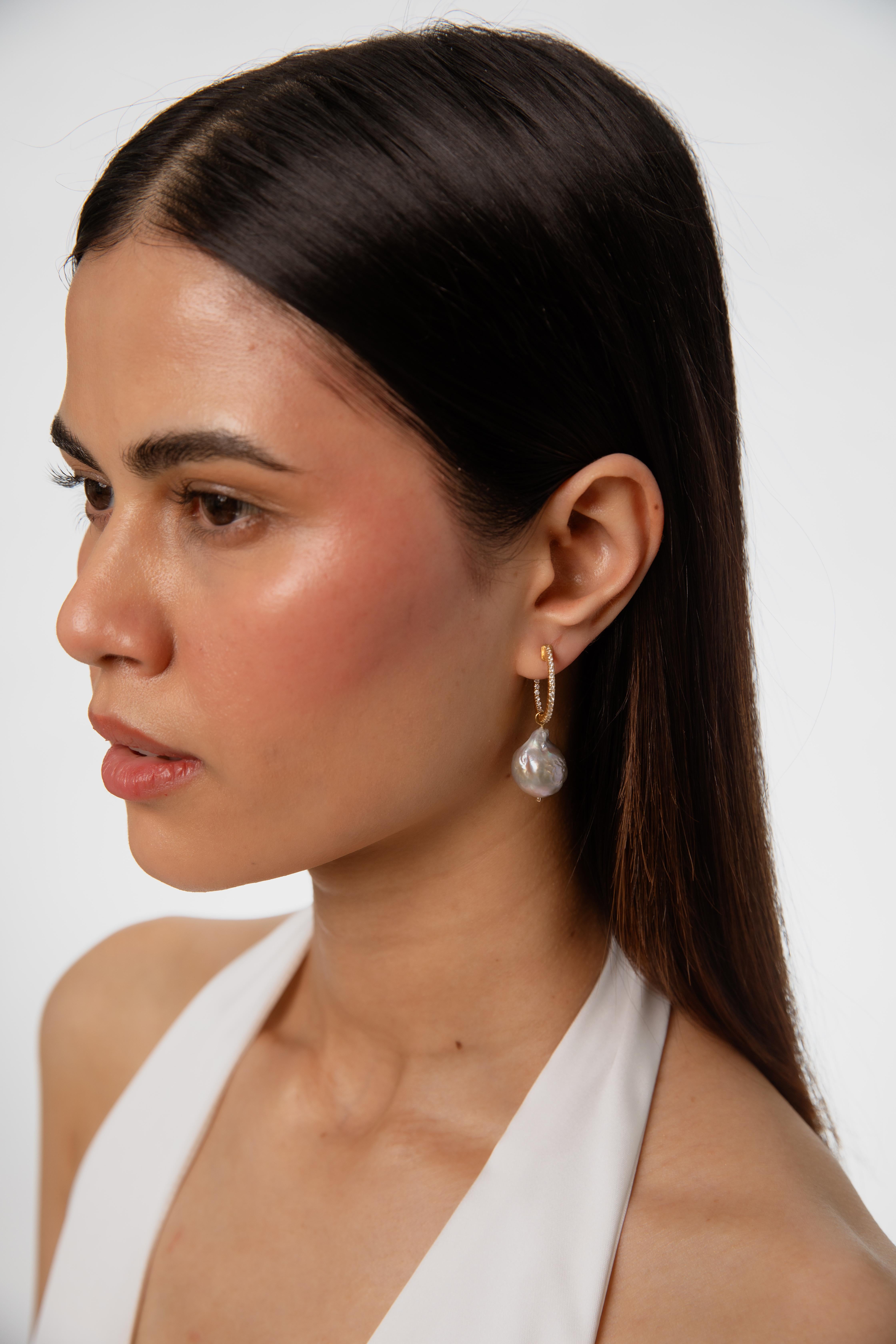 Women's or Men's Diamond Hoop Earring with detachable Pearls For Sale
