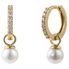 Pendientes de aro de diamantes, 0,16 quilates con colgantes de perlas desmontables, Oro de 18 quilates